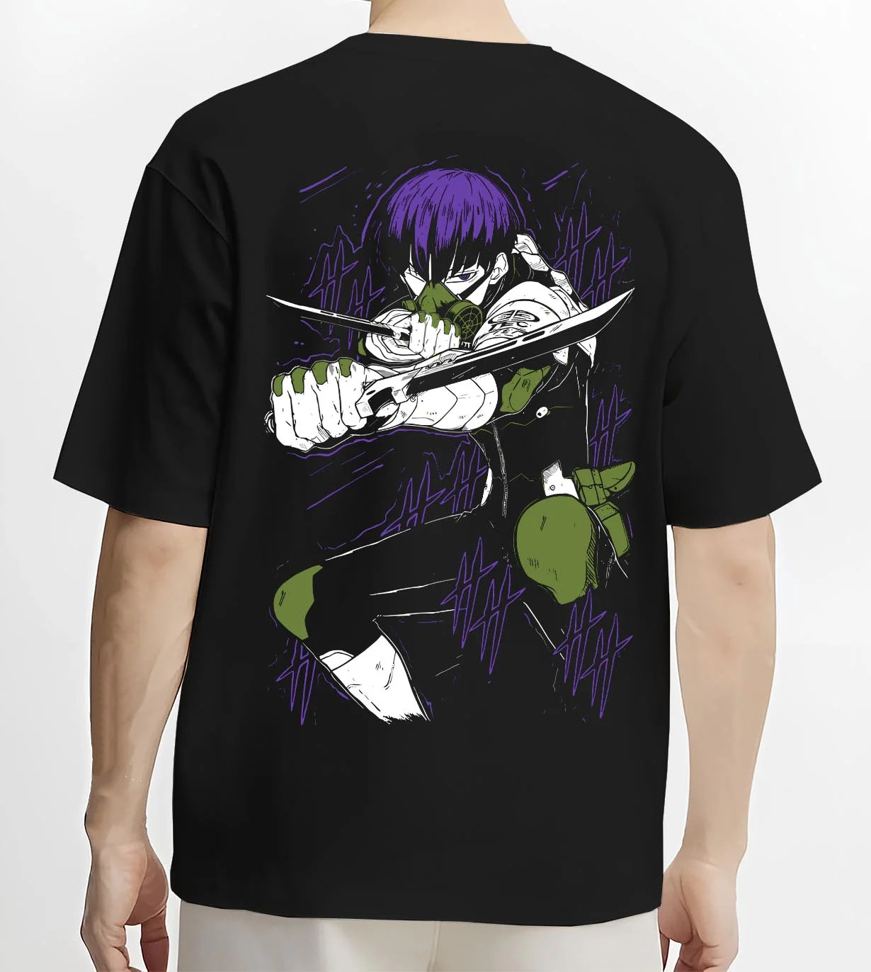 Black T-shirt worn by male model, back view with Kaiju No. 8 Hoodie Battle Stance Transformation graphic streetwear graphic.