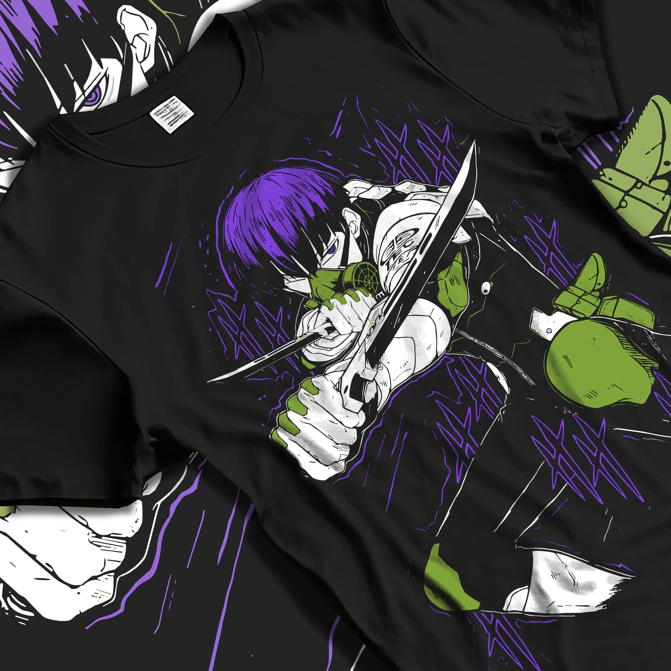 Black T-shirt laid flat with natural folds with Kaiju No. 8 Hoodie Battle Stance Transformation graphic bold anime graphic.