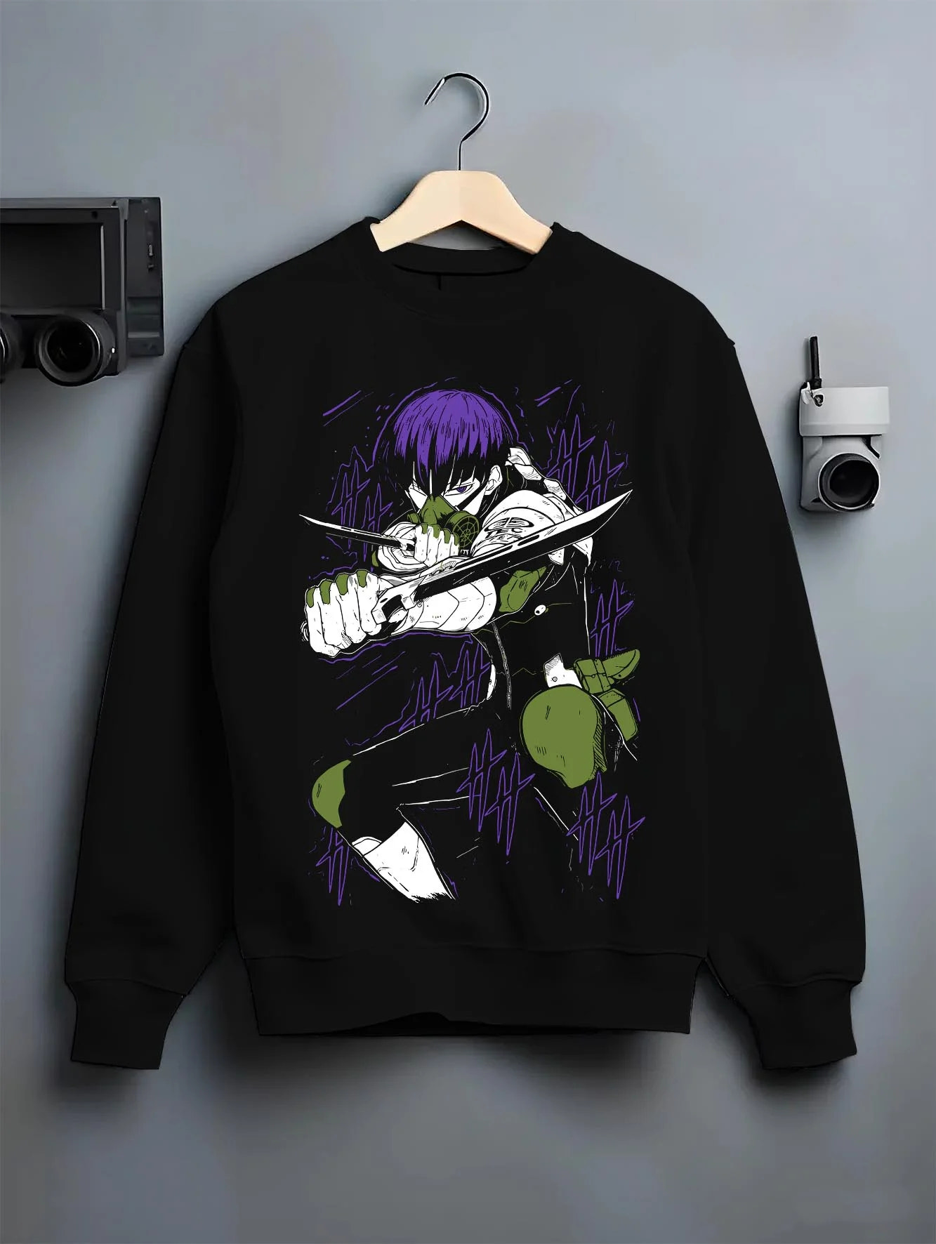 Black crewneck sweatshirt on hanger with Kaiju No. 8 Hoodie Battle Stance Transformation graphic premium wear.