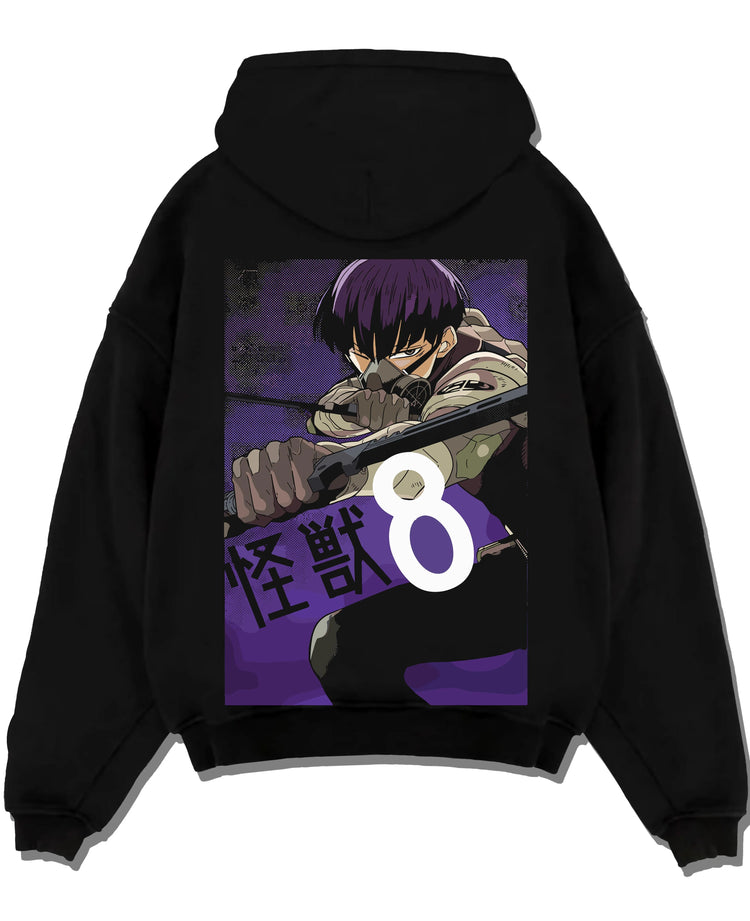 Black pullover hoodie laid flat with Kaiju No. 8 Hoodie Squad Fighters Ready for Battle graphic streetwear graphic.