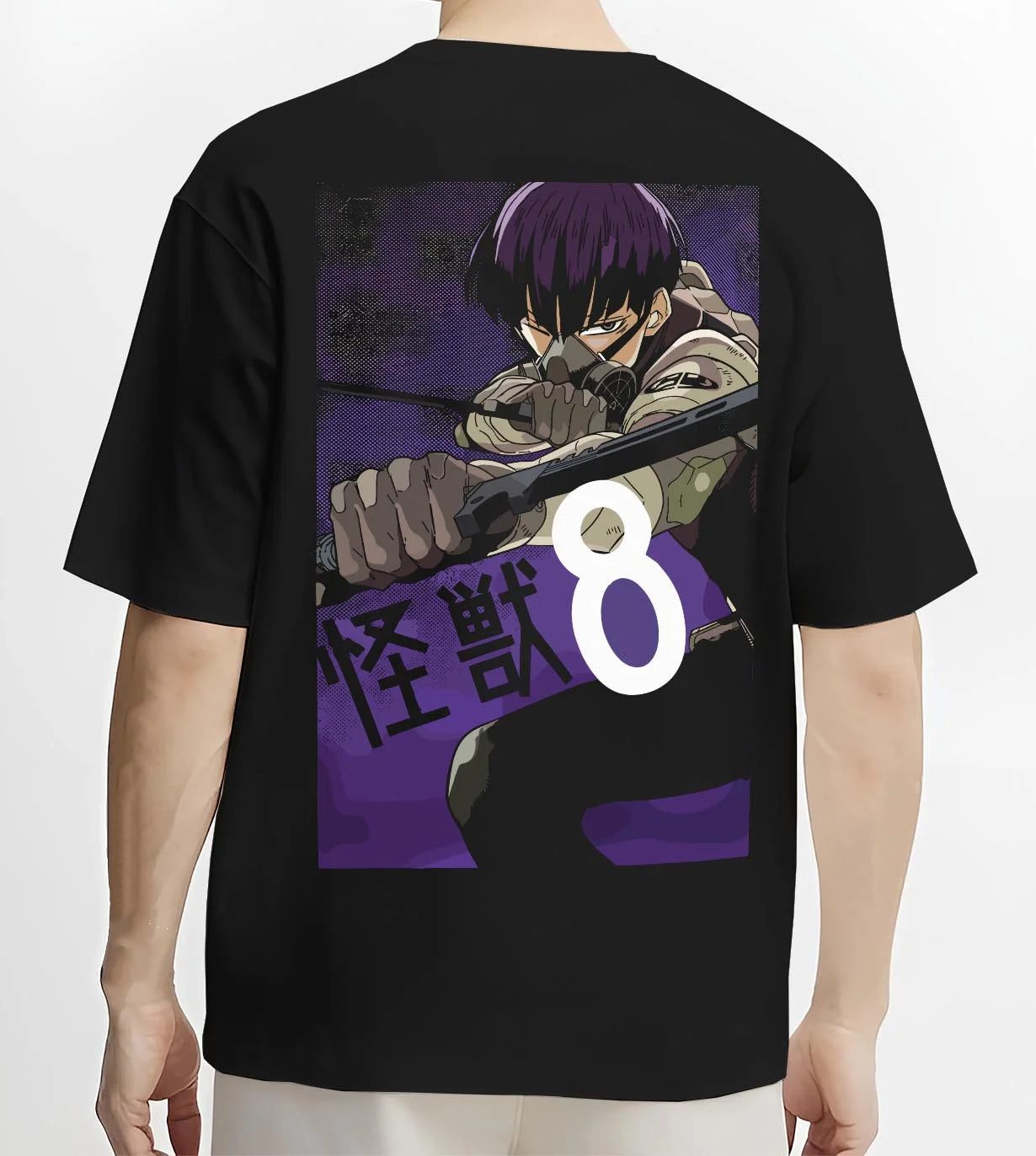 Black T-shirt worn by male model, back view with Kaiju No. 8 Hoodie Squad Fighters Ready for Battle graphic bold anime graphic.