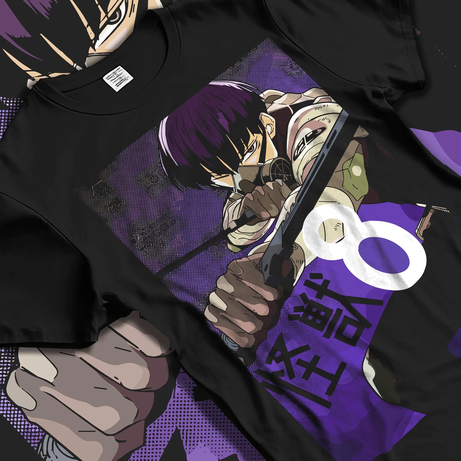 Black T-shirt laid flat with natural folds with Kaiju No. 8 Hoodie Squad Fighters Ready for Battle graphic bold anime graphic.
