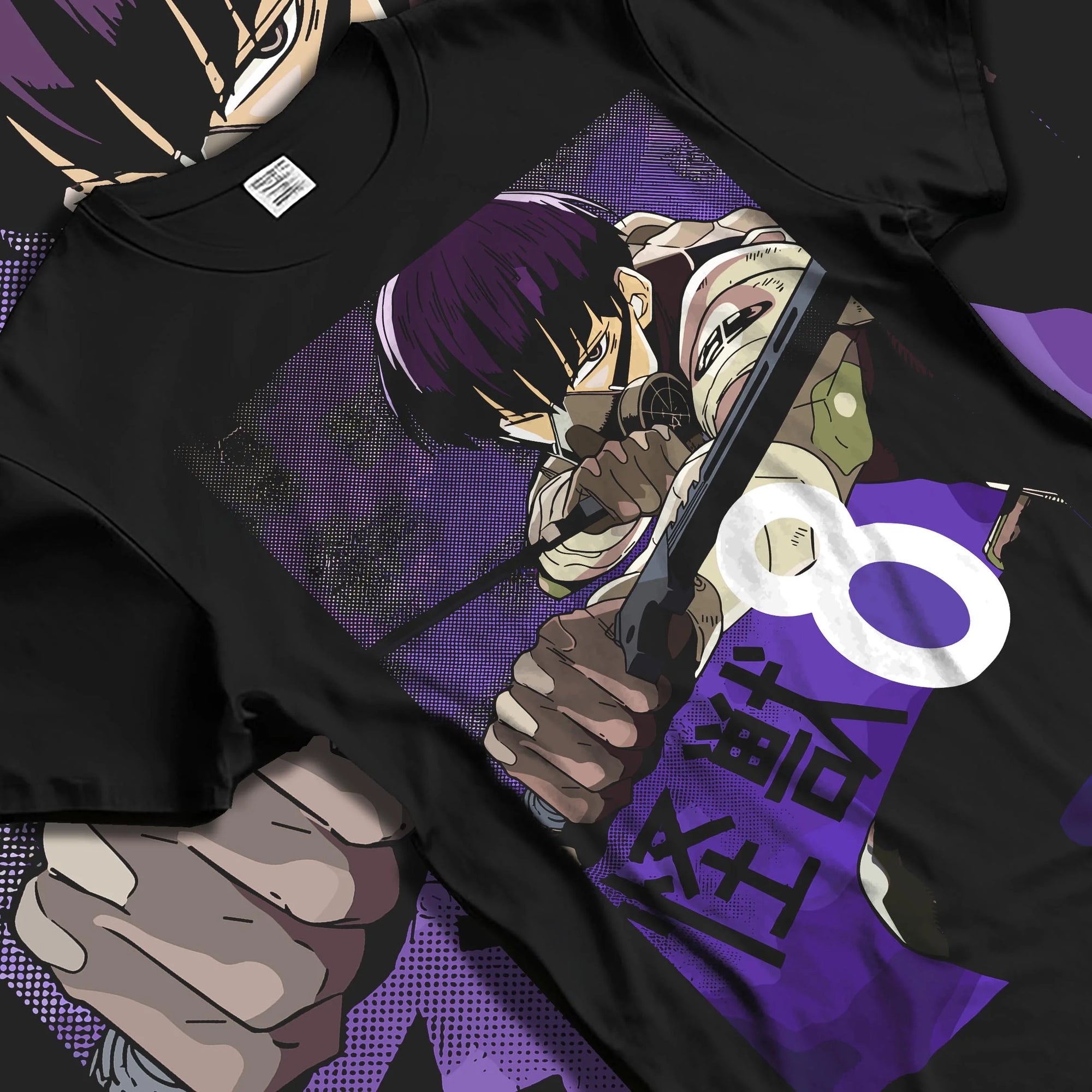 Black T-shirt laid flat with natural folds with Kaiju No. 8 Hoodie Squad Fighters Ready for Battle graphic bold anime graphic.