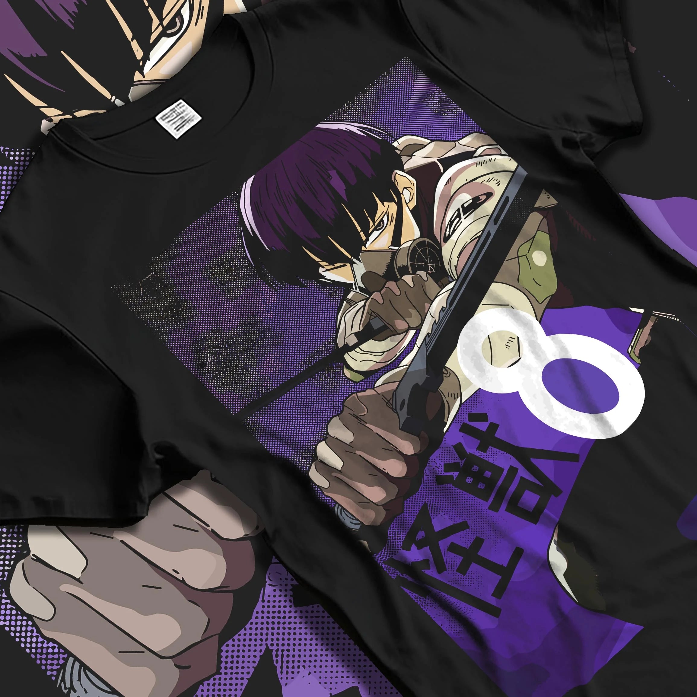 Black T-shirt laid flat with natural folds with Kaiju No. 8 Hoodie Squad Fighters Ready for Battle graphic bold anime graphic.