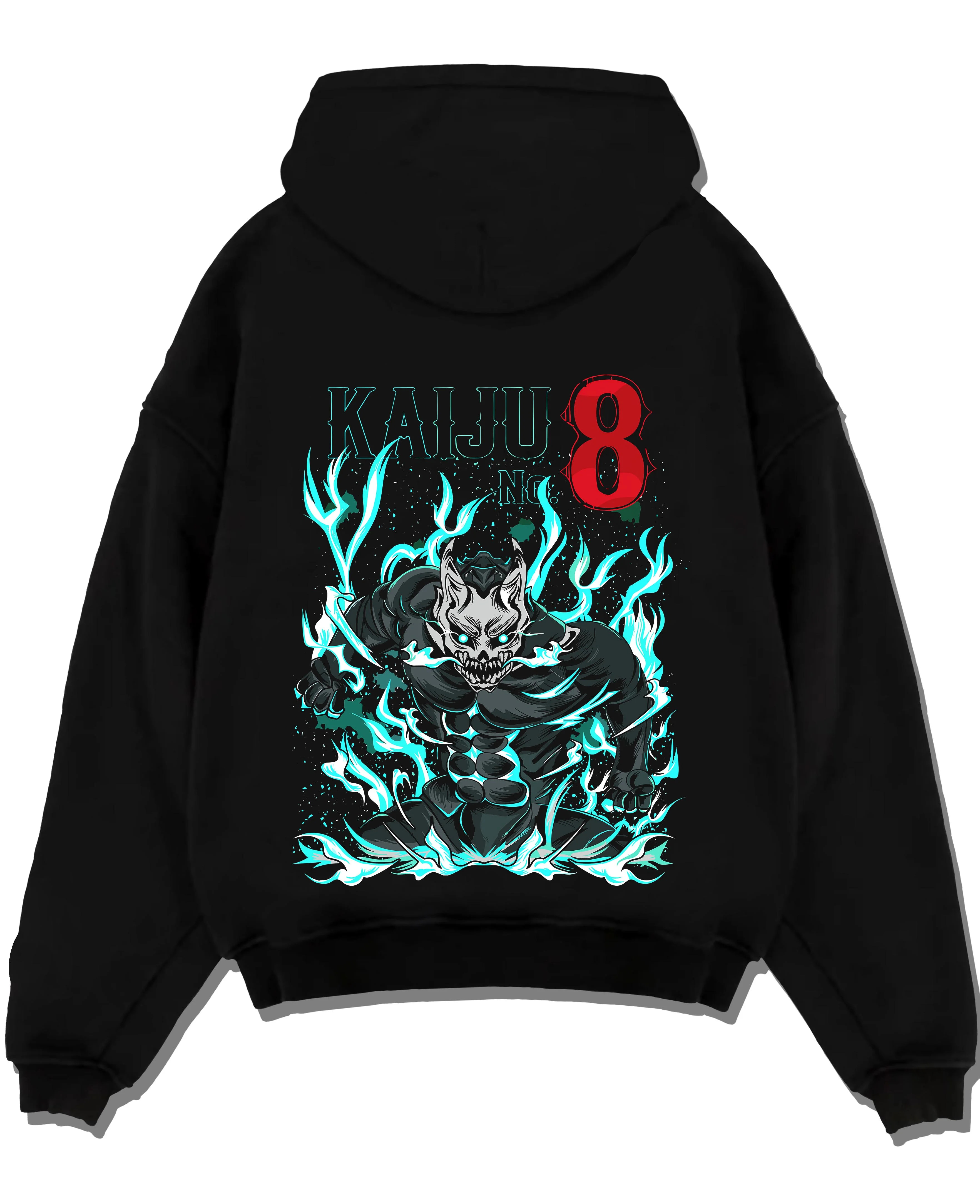 Black pullover hoodie laid flat with Kaiju No. 8 Hoodie Fiery Transformation Epic Pose graphic bold anime graphic.