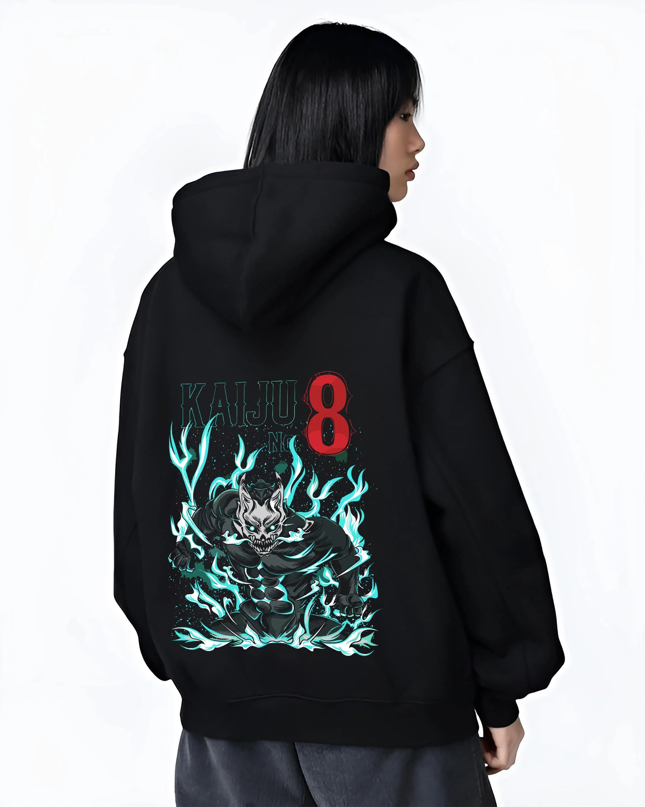 Black hoodie worn by female model, back view with Kaiju No. 8 Hoodie Fiery Transformation Epic Pose graphic premium wear.