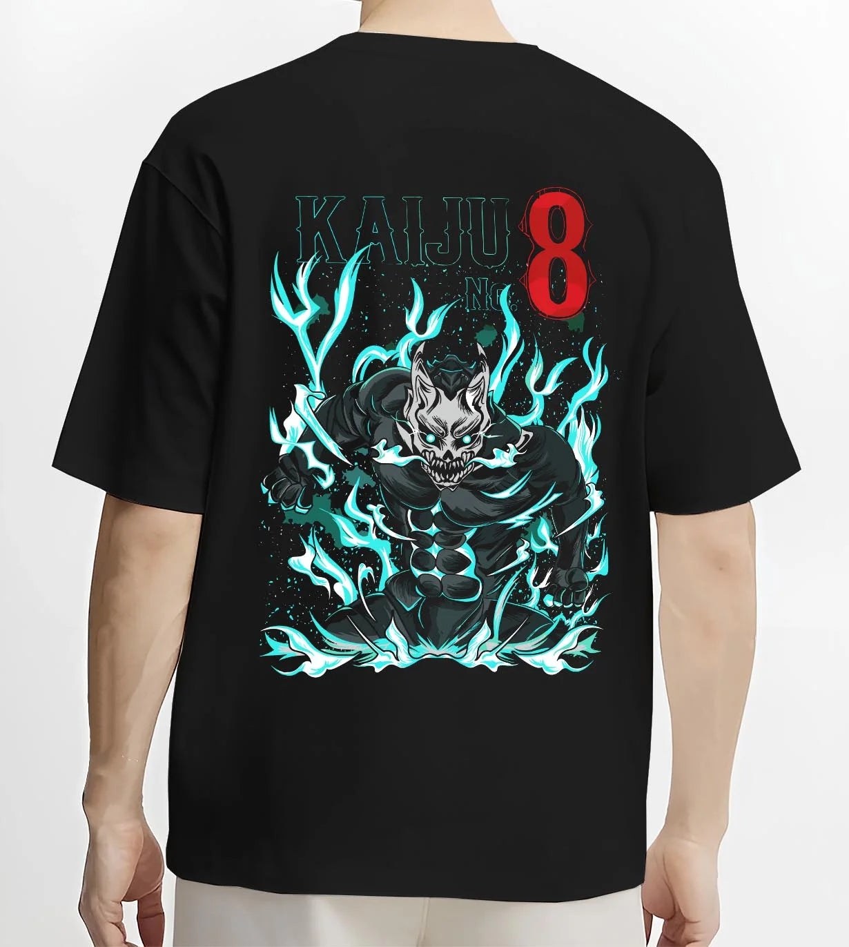 Black T-shirt worn by male model, back view with Kaiju No. 8 Hoodie Fiery Transformation Epic Pose graphic streetwear graphic.