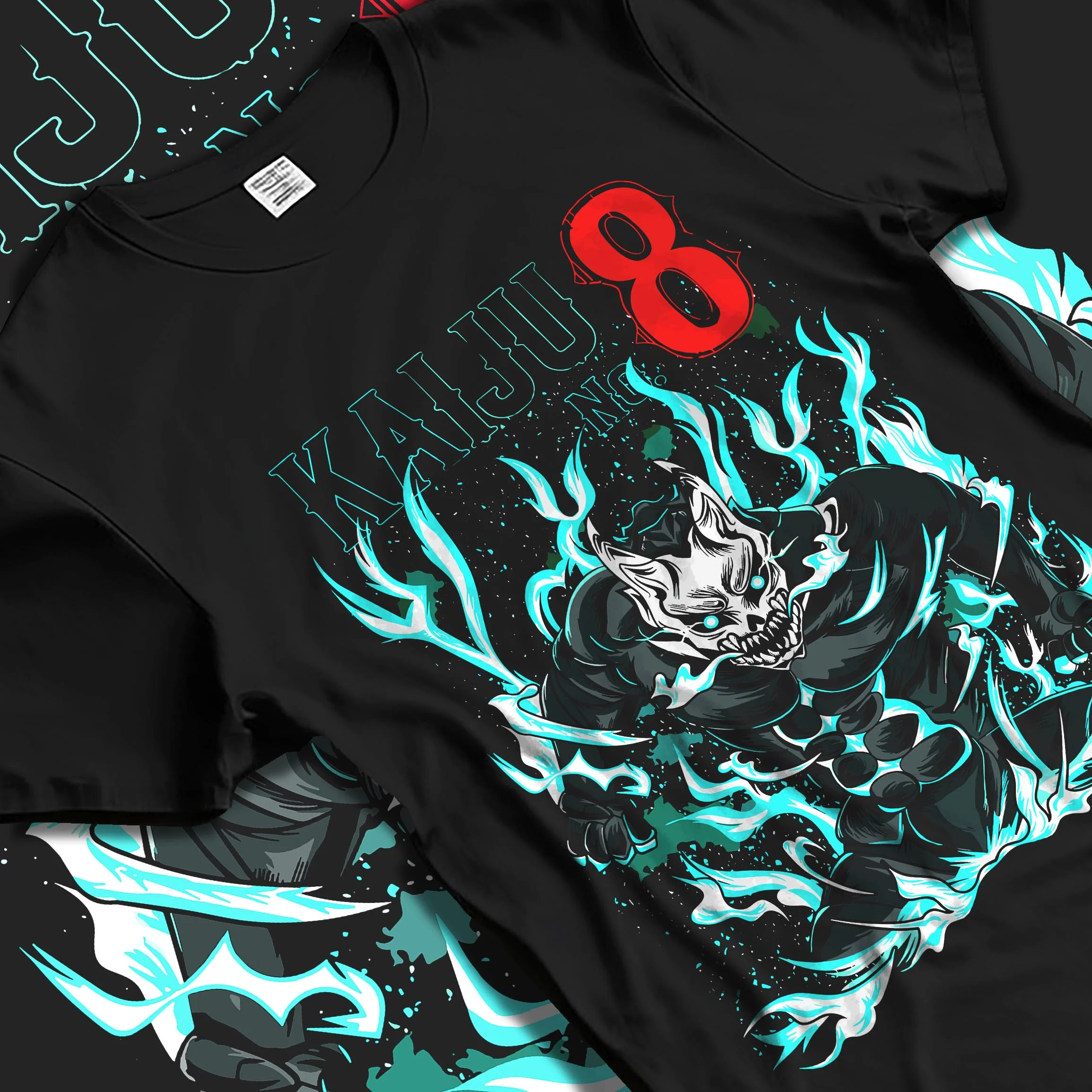 Black T-shirt laid flat with natural folds with Kaiju No. 8 Hoodie Fiery Transformation Epic Pose graphic premium wear.
