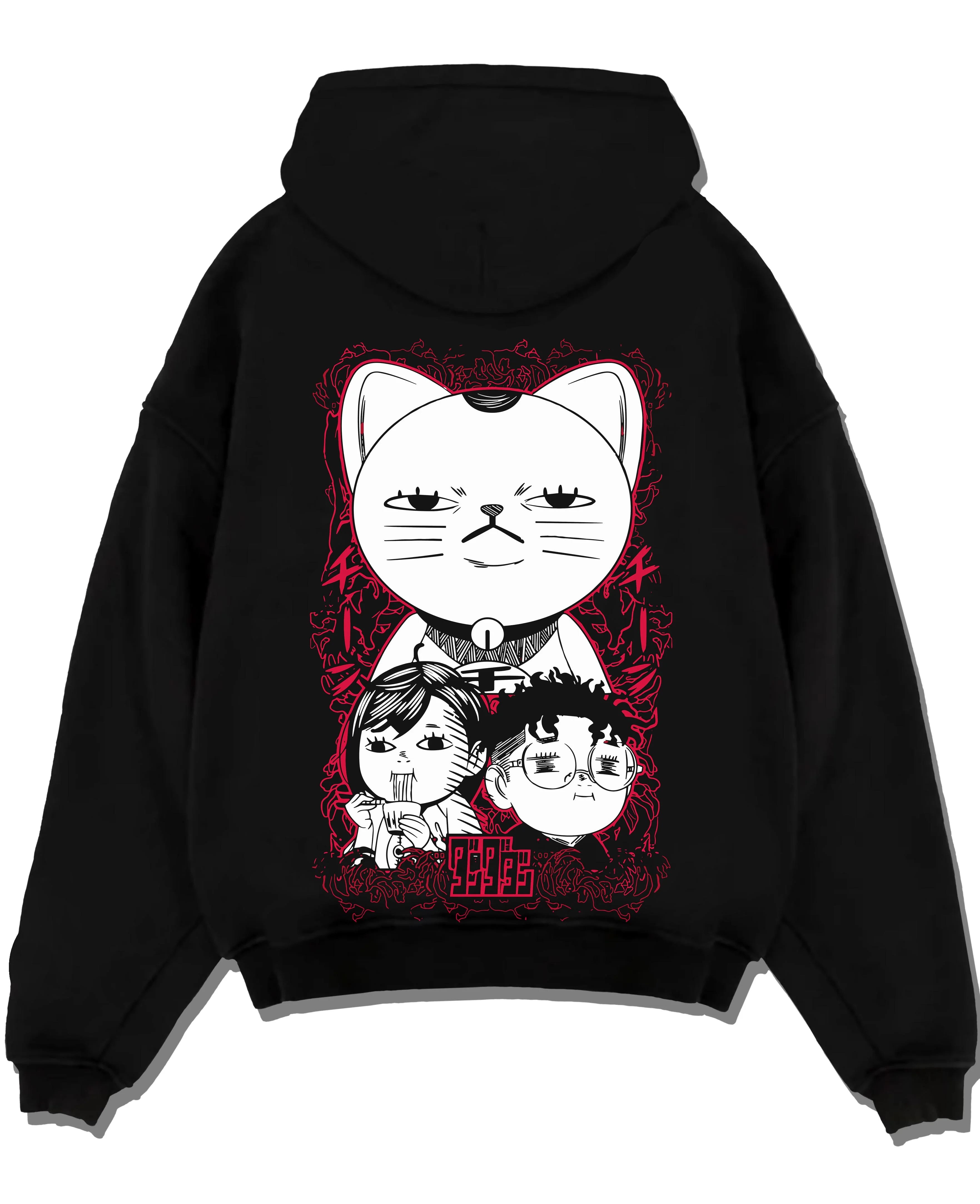 Black pullover hoodie laid flat with Dandadan Turbo Granny Hoodie Lucky Cat Anime Jumper graphic streetwear graphic.