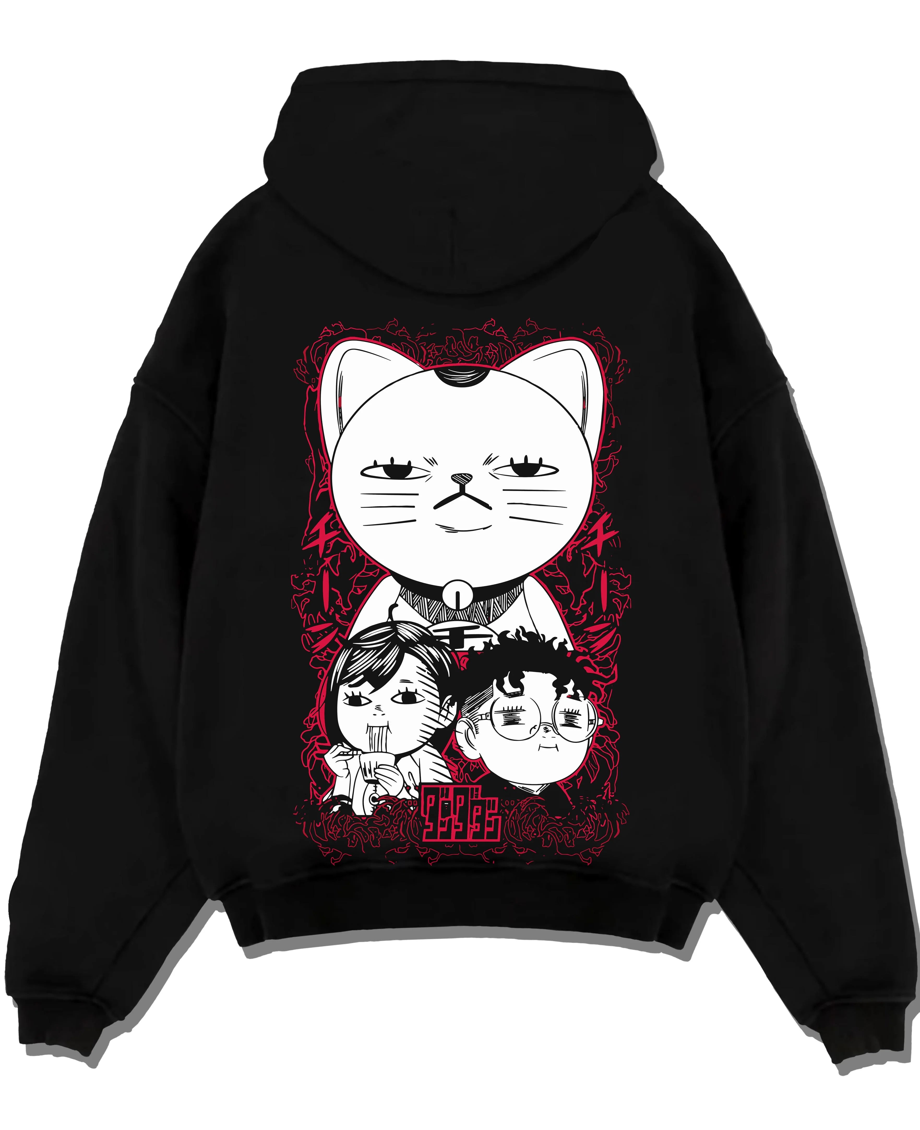 Black pullover hoodie laid flat with Dandadan Turbo Granny Hoodie Lucky Cat Anime Jumper graphic streetwear graphic.