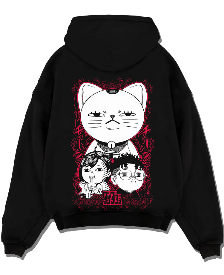 Black pullover hoodie laid flat with Dandadan Turbo Granny Hoodie Lucky Cat Anime Jumper graphic streetwear graphic.