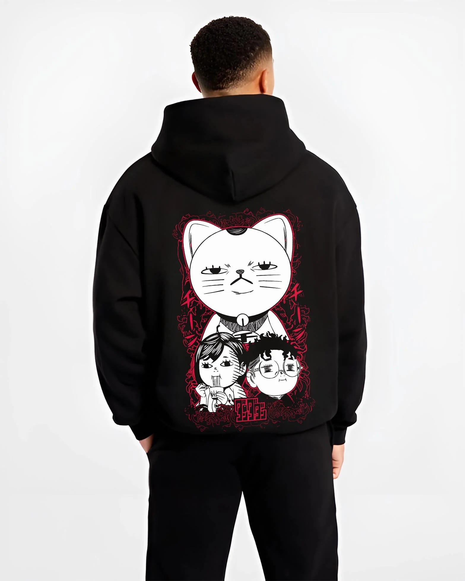 Black hoodie worn by male model, back view with Dandadan Turbo Granny Hoodie Lucky Cat Anime Jumper graphic bold anime graphic.