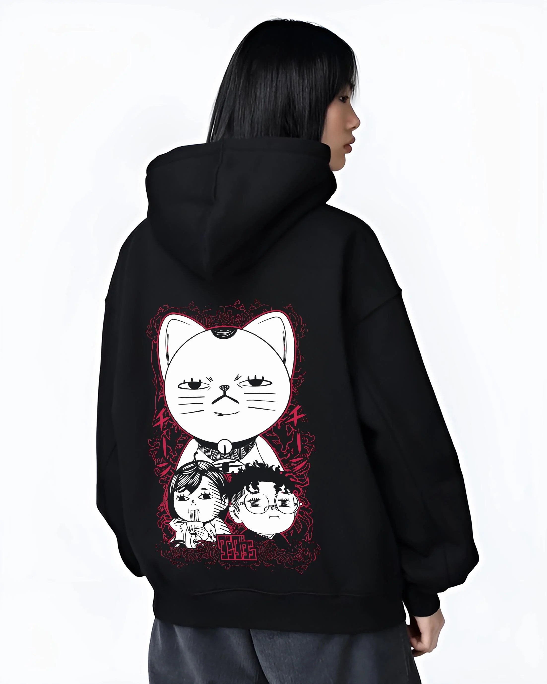 Black hoodie worn by female model, back view with Dandadan Turbo Granny Hoodie Lucky Cat Anime Jumper graphic streetwear graphic.