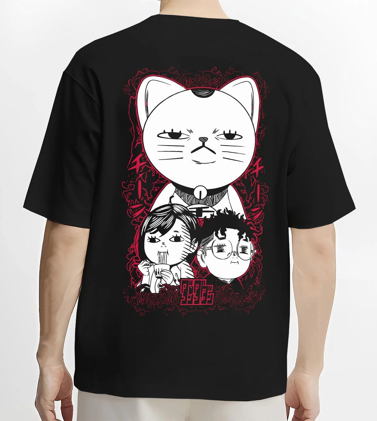 Black T-shirt worn by male model, back view with Dandadan Turbo Granny Hoodie Lucky Cat Anime Jumper graphic bold anime graphic.