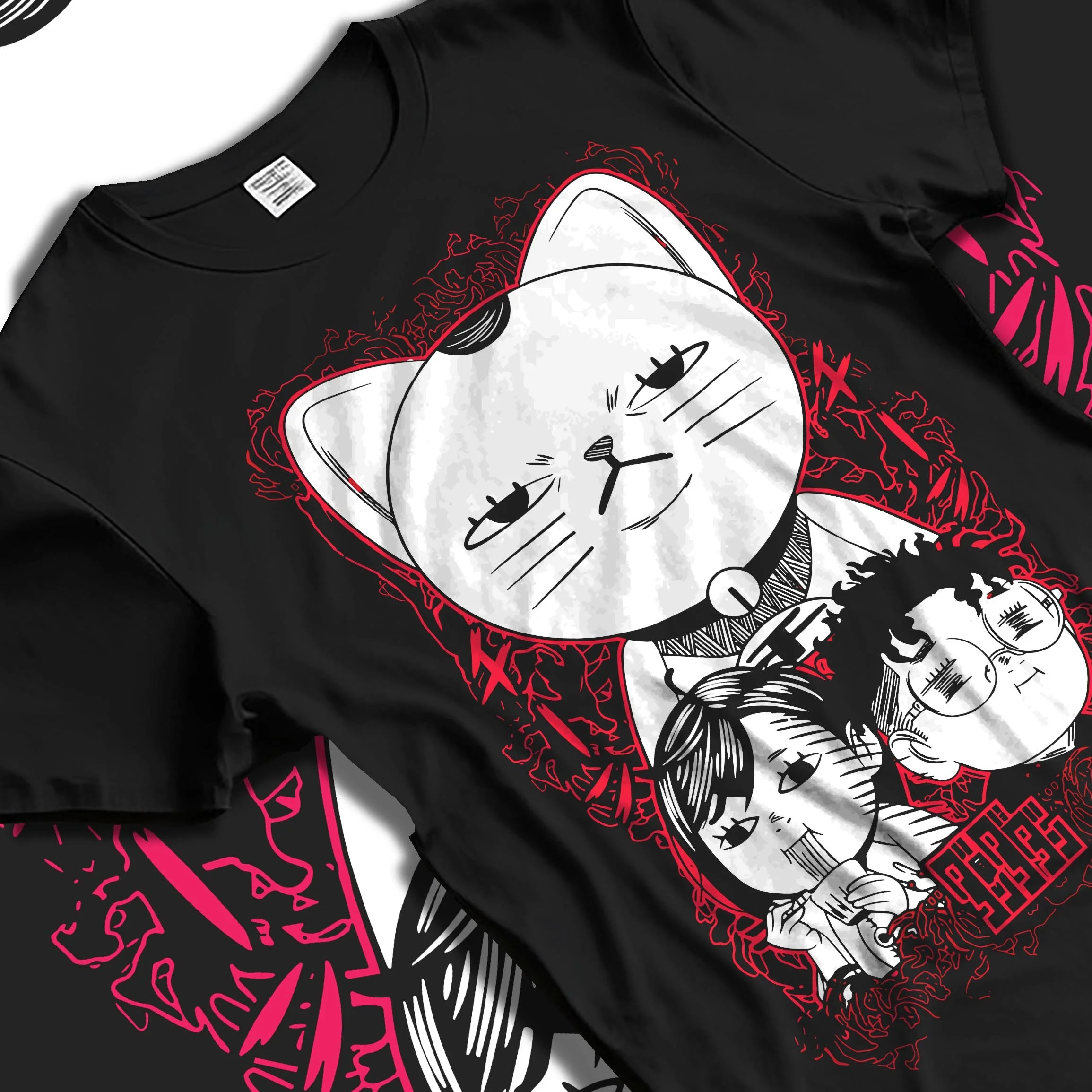 Black T-shirt laid flat with natural folds with Dandadan Turbo Granny Hoodie Lucky Cat Anime Jumper graphic premium wear.