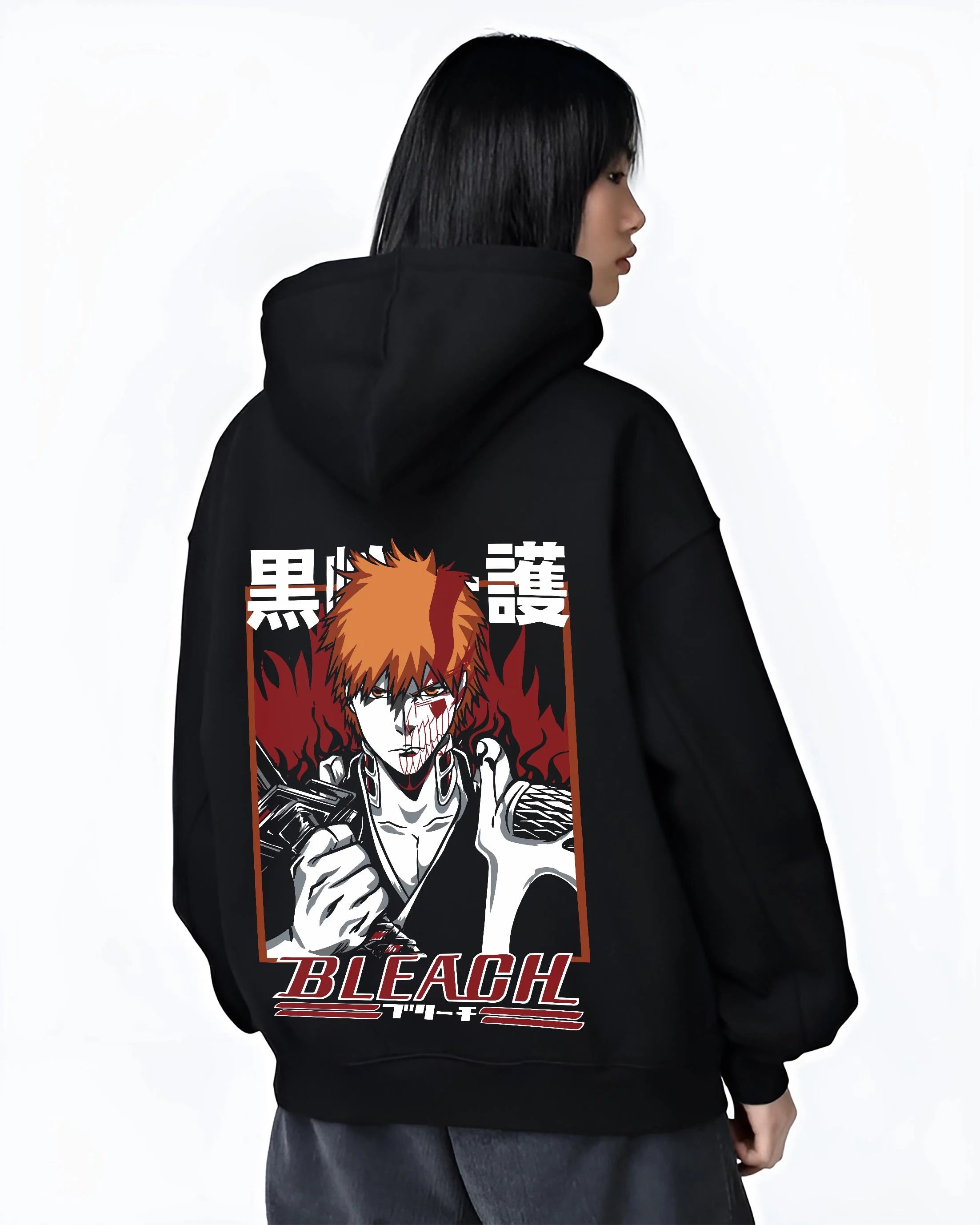 Black hoodie worn by female model, back view with Ichigo Bankai Battle Hoodie Bleach Anime Soul Reaper graphic streetwear graphic.