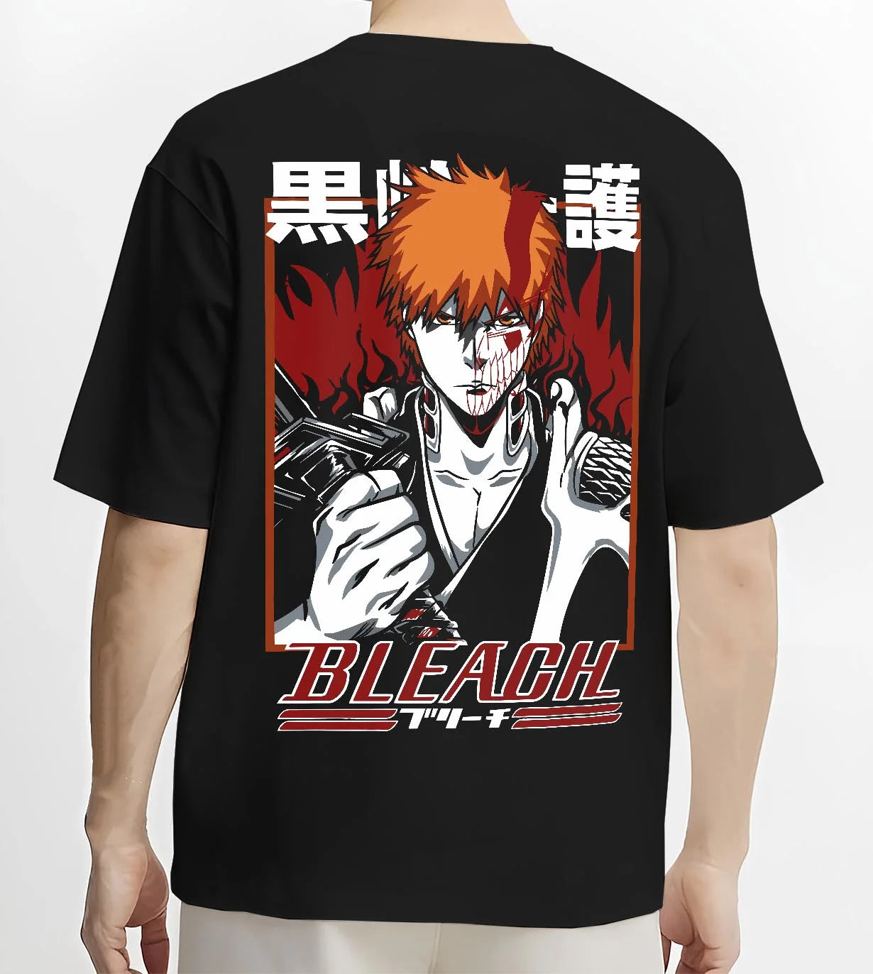 Black T-shirt worn by male model, back view with Ichigo Bankai Battle Hoodie Bleach Anime Soul Reaper graphic premium wear.