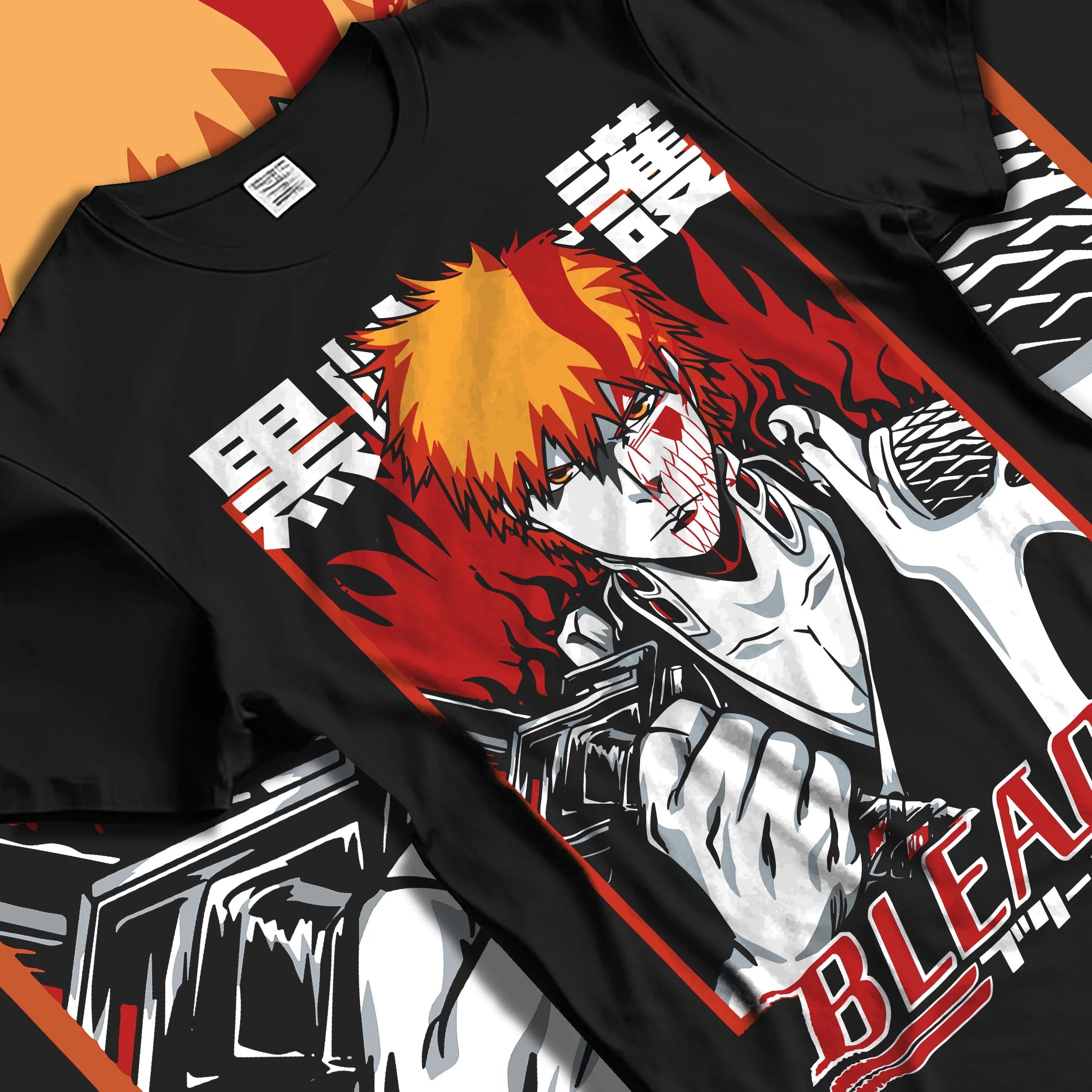 Black T-shirt laid flat with natural folds with Ichigo Bankai Battle Hoodie Bleach Anime Soul Reaper graphic premium wear.