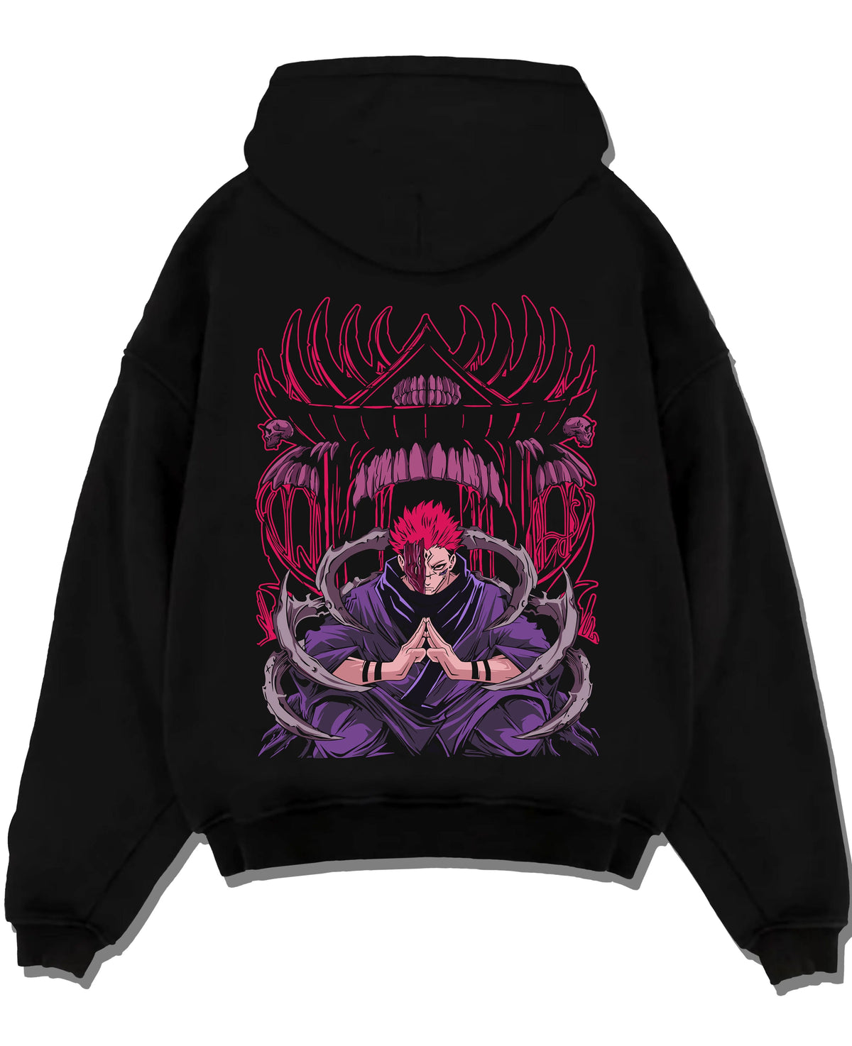 Black hoodie laid flat featuring Ryomen Sukuna King of Curses artwork.