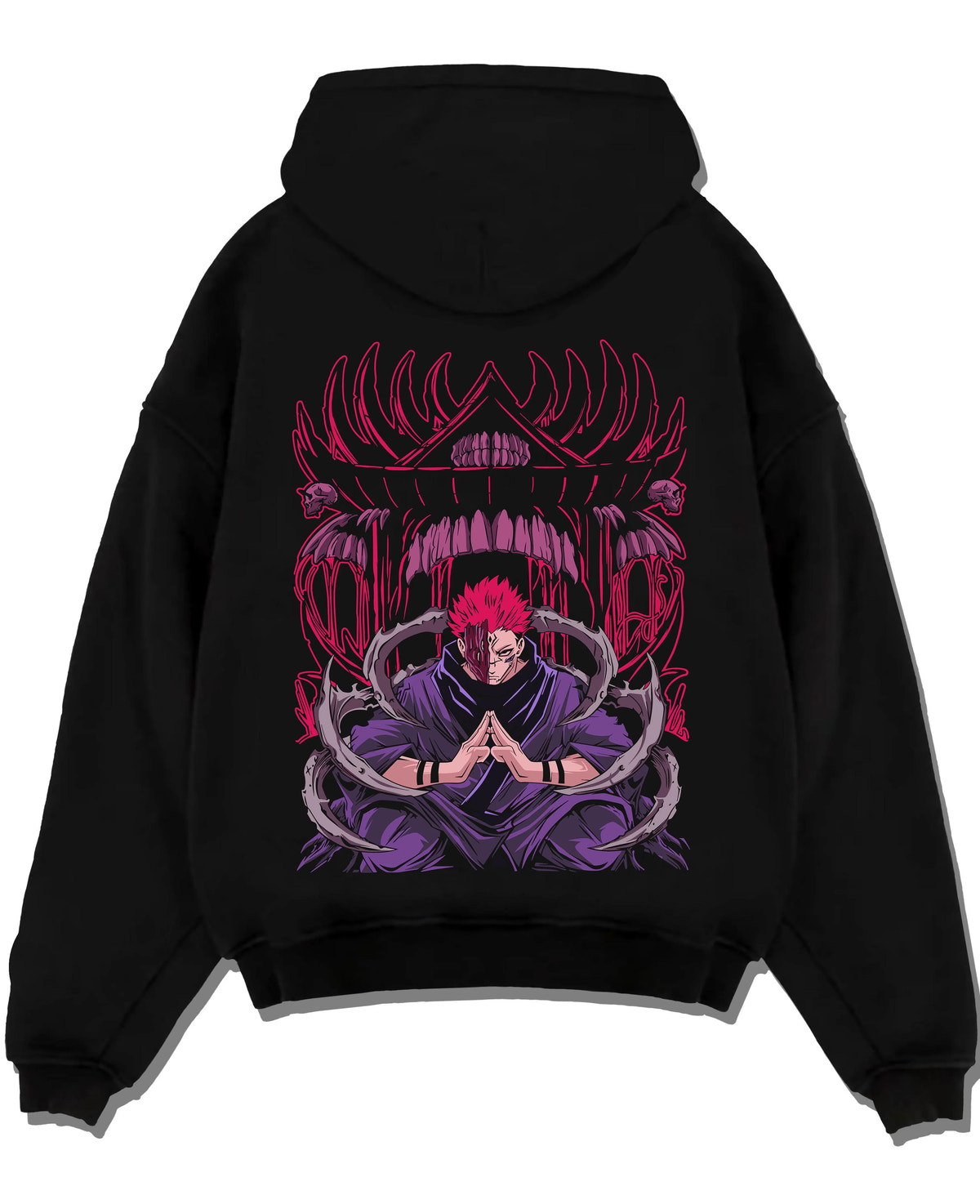 Black hoodie laid flat featuring Ryomen Sukuna King of Curses artwork.