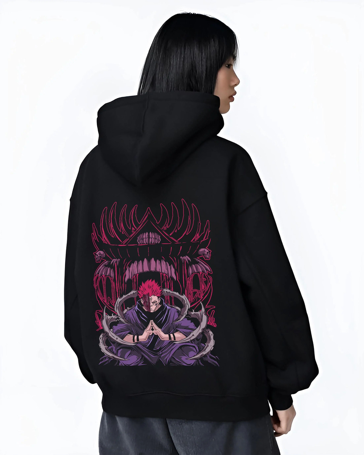Black hoodie worn by female model from the back featuring Ryomen Sukuna King of Curses artwork.