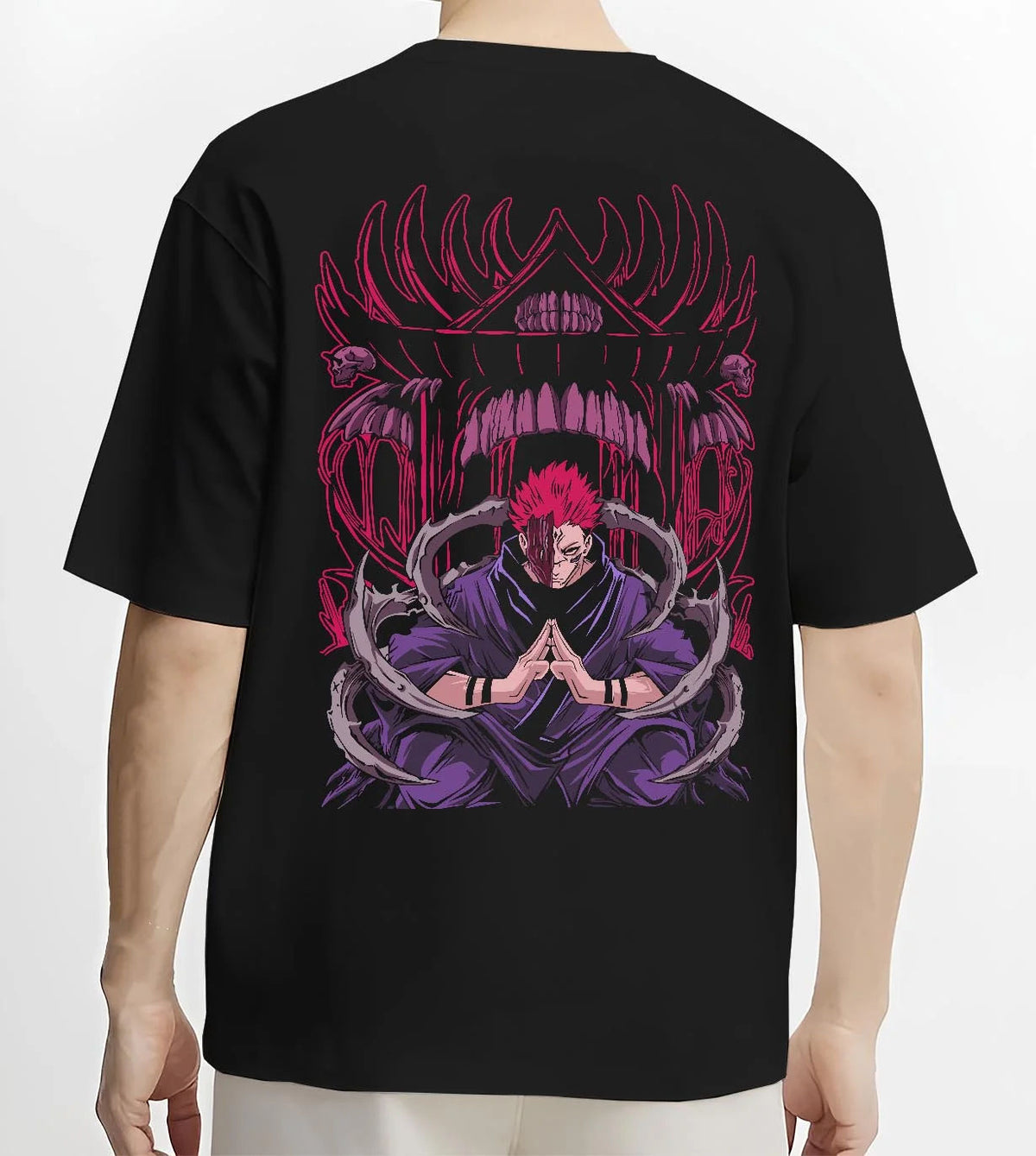 Black T-shirt worn by male model from the back featuring Ryomen Sukuna King of Curses artwork.