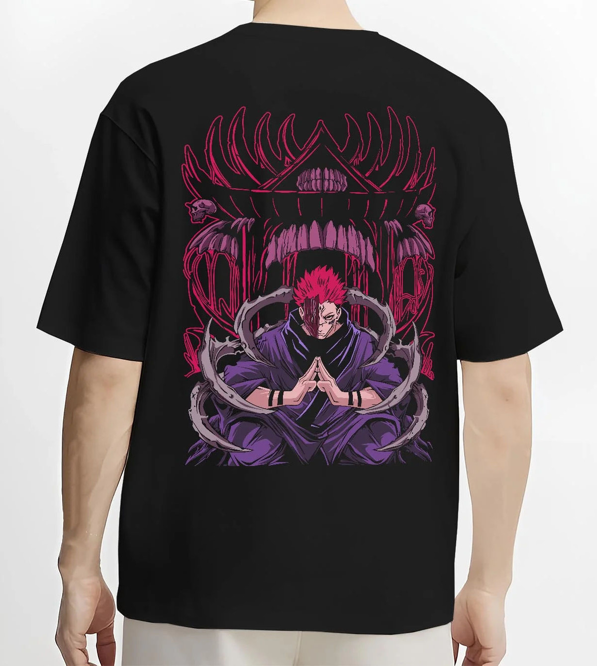 Black T-shirt worn by male model from the back featuring Ryomen Sukuna King of Curses artwork.