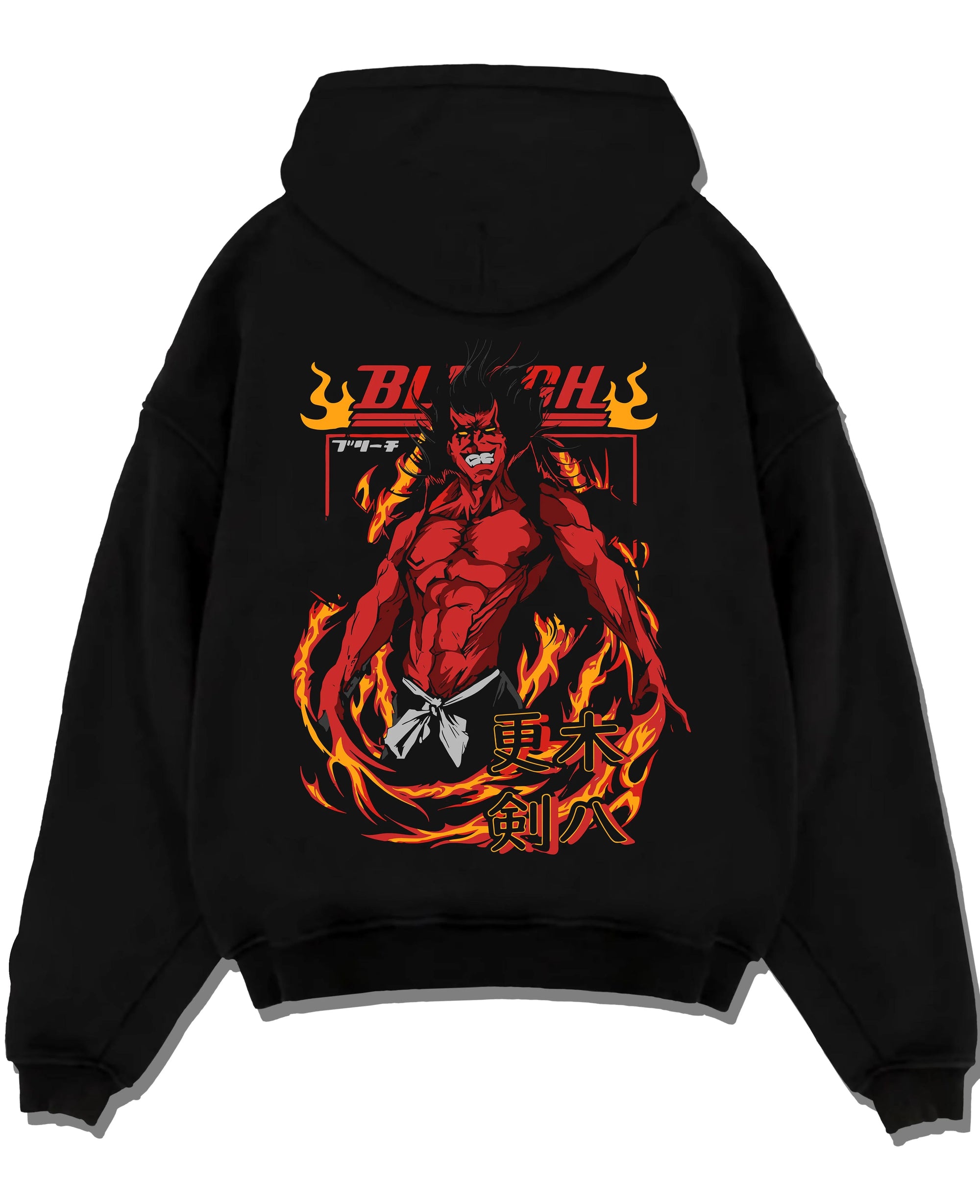 Black pullover hoodie laid flat with Kenpachi Zaraki Hoodie Bleach Anime Captain Retro graphic streetwear graphic.