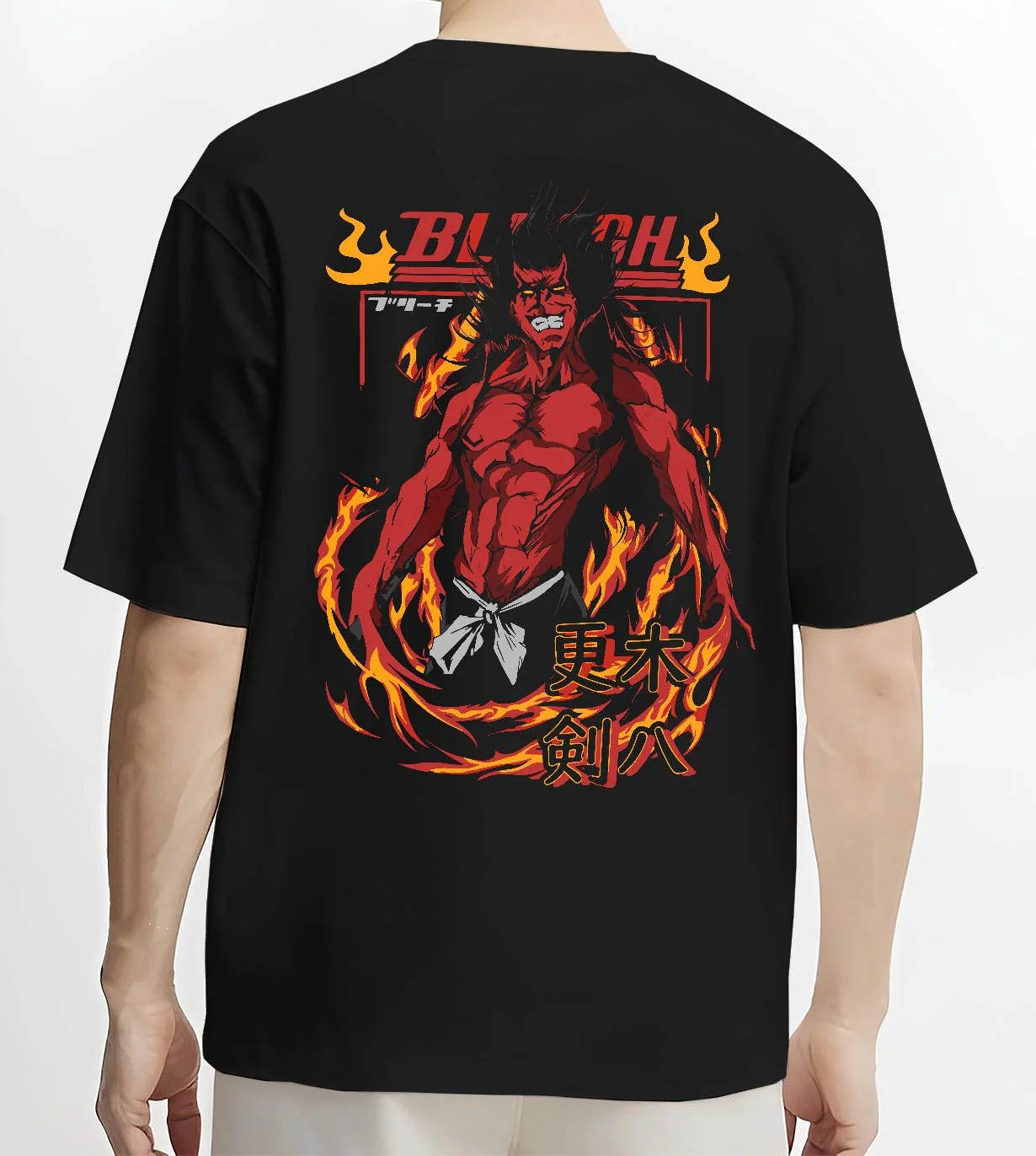 Black T-shirt worn by male model, back view with Kenpachi Zaraki Hoodie Bleach Anime Captain Retro graphic bold anime graphic.