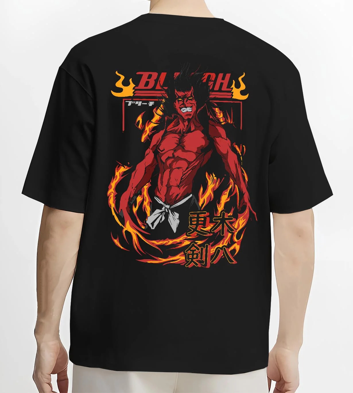 Black T-shirt worn by male model, back view with Kenpachi Zaraki Hoodie Bleach Anime Captain Retro graphic bold anime graphic.