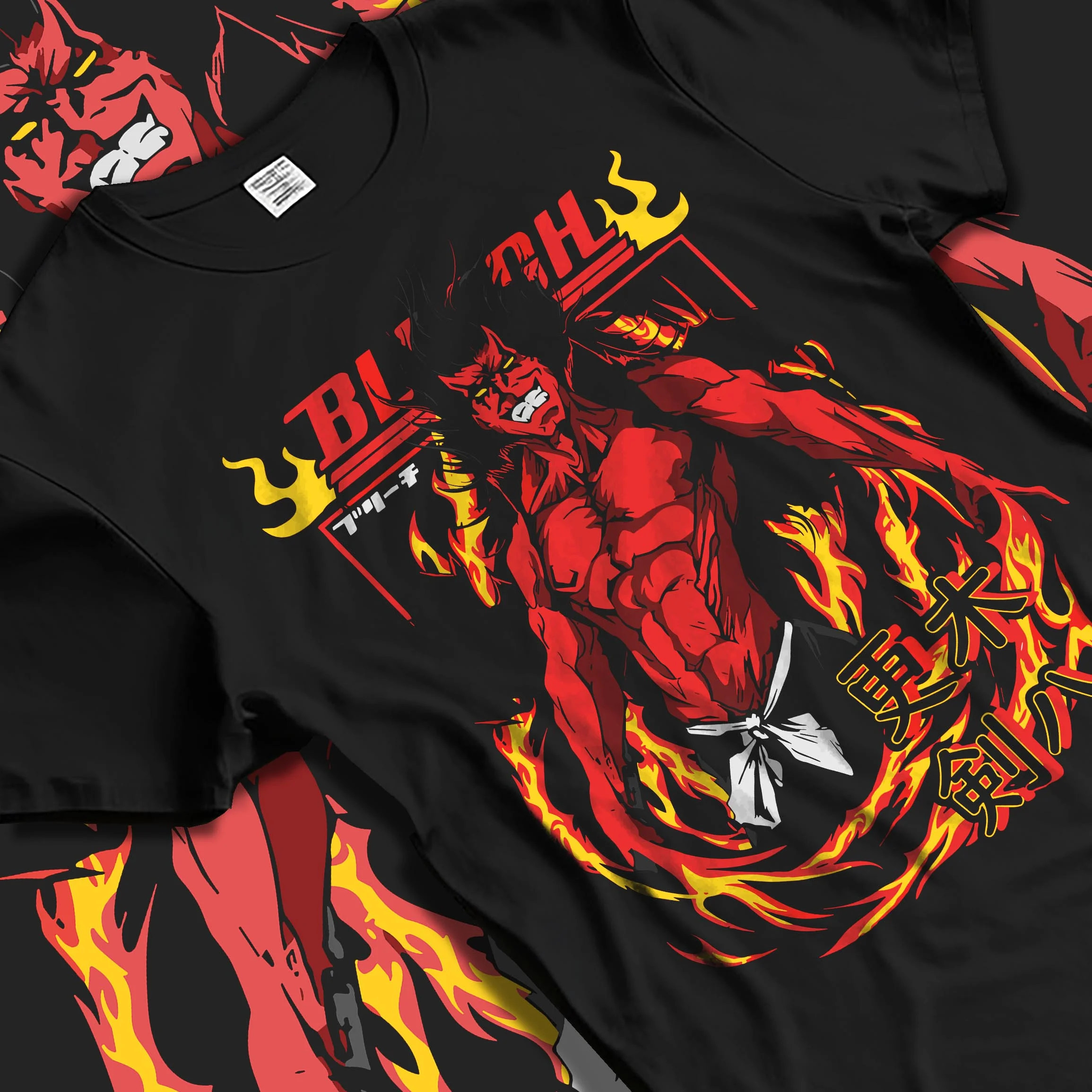 Black T-shirt laid flat with natural folds with Kenpachi Zaraki Hoodie Bleach Anime Captain Retro graphic bold anime graphic.