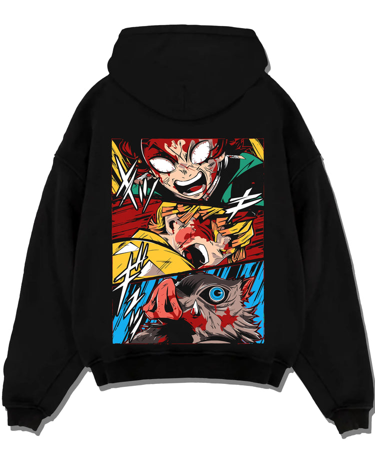 Black pullover hoodie laid flat with Kimetsu no Yaiba Hoodie Corps Battle Blood Clash graphic streetwear graphic.