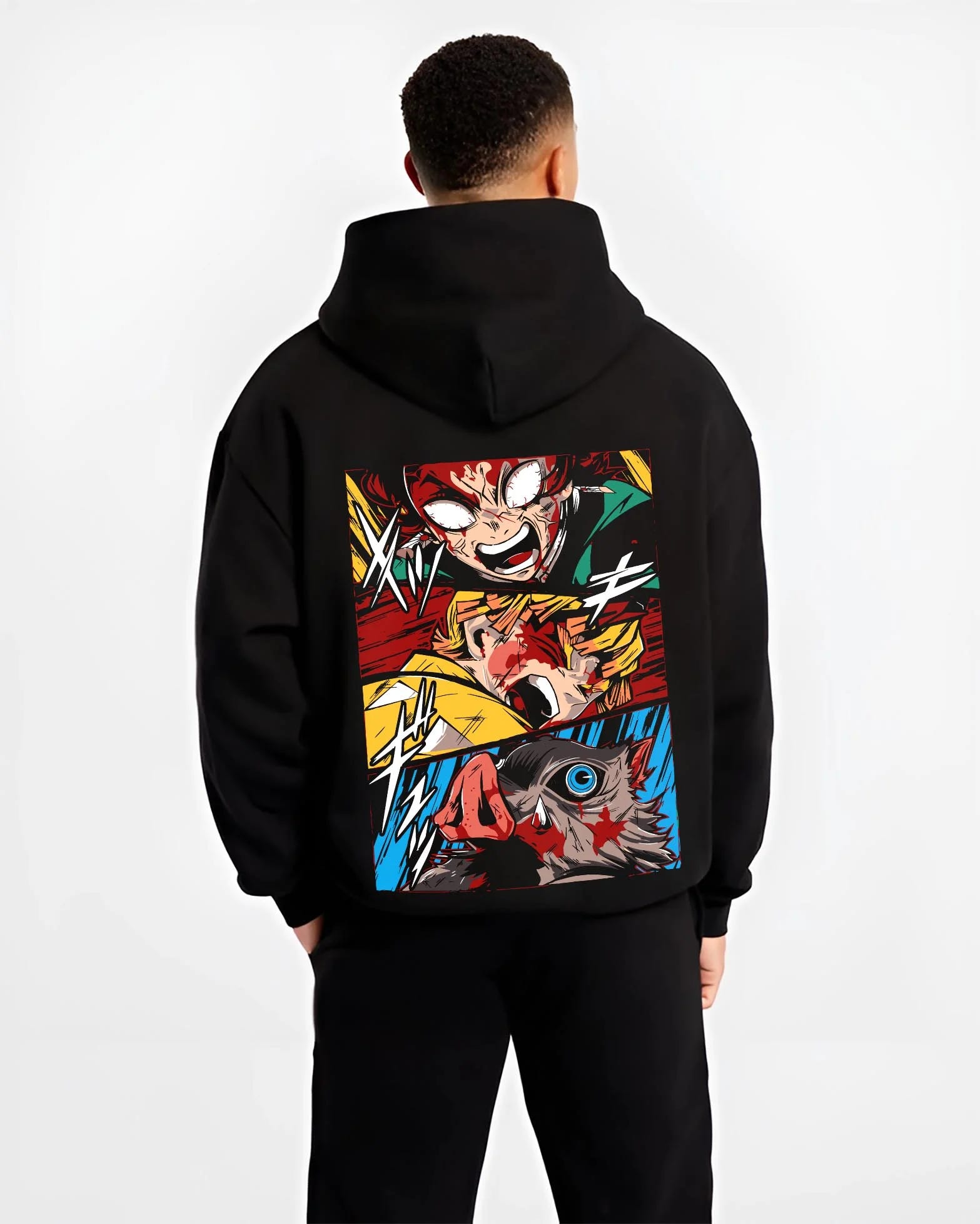 Black hoodie worn by male model, back view with Kimetsu no Yaiba Hoodie Corps Battle Blood Clash graphic premium wear.