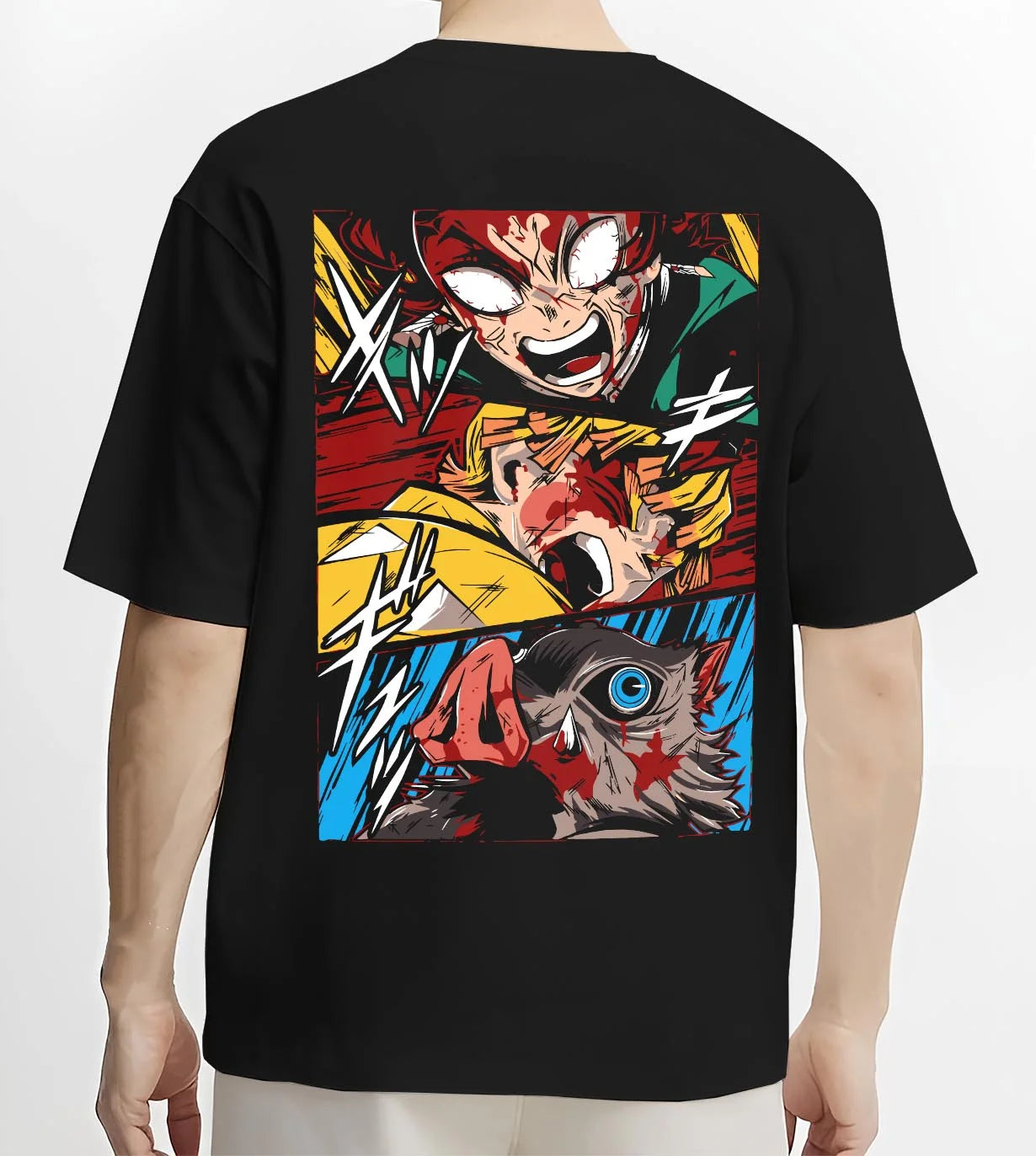Black T-shirt worn by male model, back view with Kimetsu no Yaiba Hoodie Corps Battle Blood Clash graphic bold anime graphic.