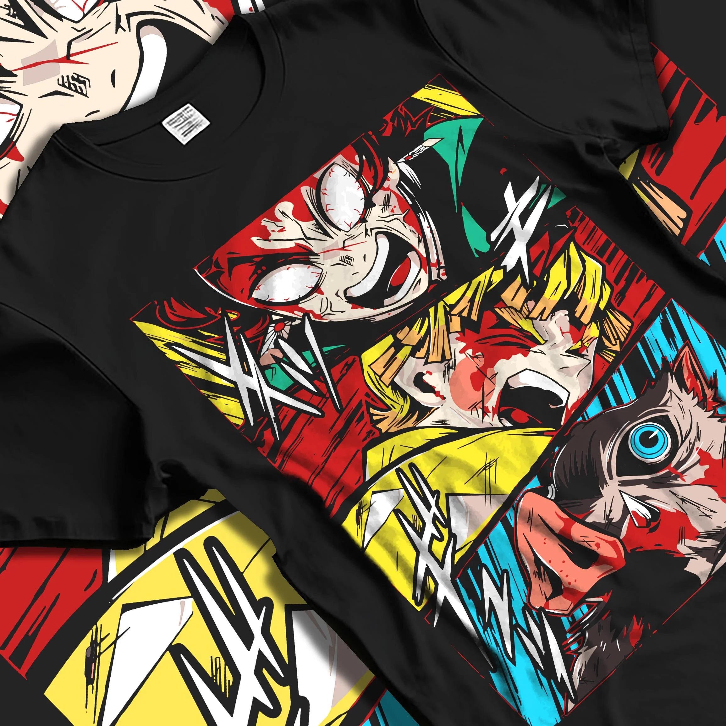 Black T-shirt laid flat with natural folds with Kimetsu no Yaiba Hoodie Corps Battle Blood Clash graphic premium wear.
