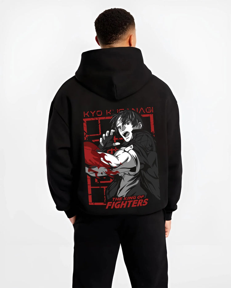 Black hoodie worn by male model, back view with King of Fighters Hoodie Ryo Sakazaki Fighting Stance graphic premium wear.