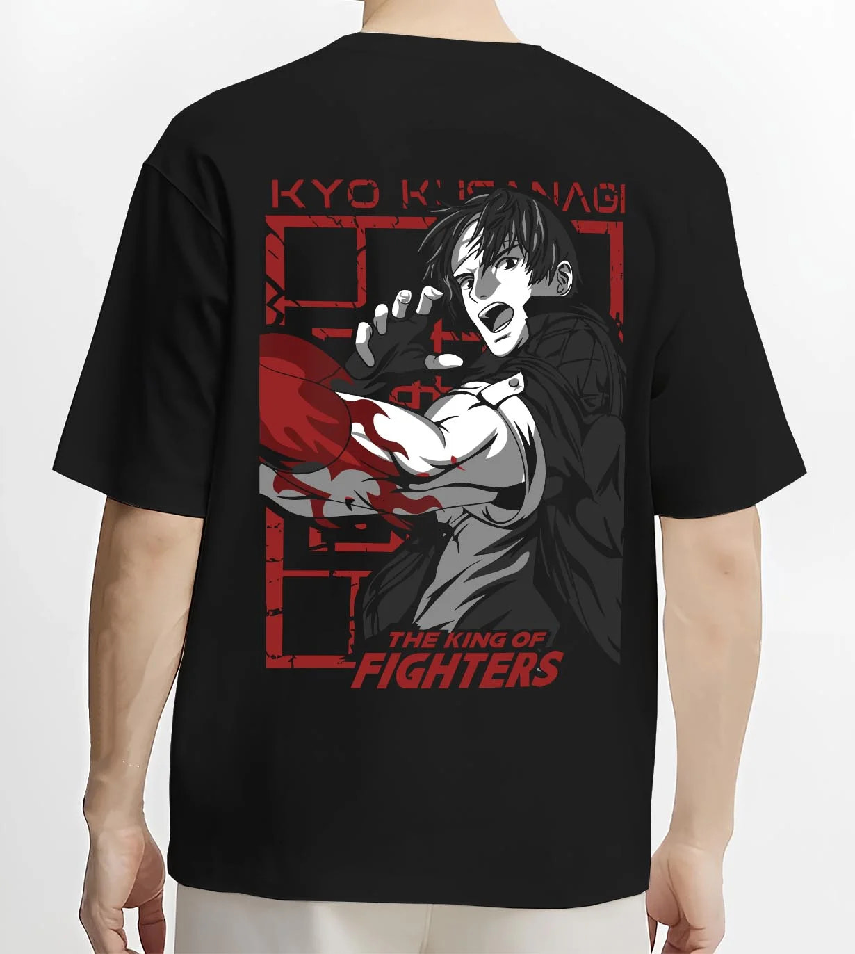 Black T-shirt worn by male model, back view with King of Fighters Hoodie Ryo Sakazaki Fighting Stance graphic bold anime graphic.