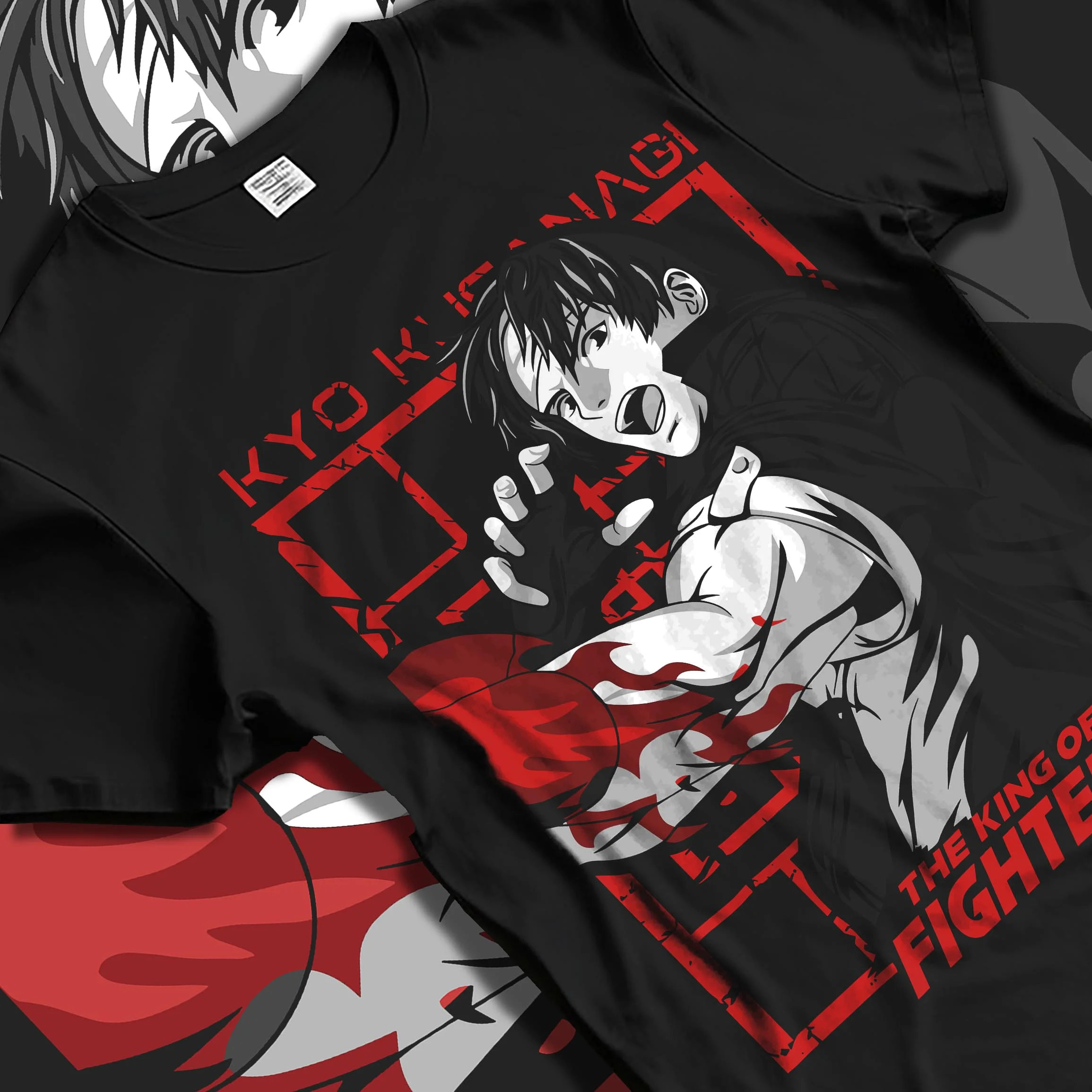 Black T-shirt laid flat with natural folds with King of Fighters Hoodie Ryo Sakazaki Fighting Stance graphic streetwear graphic.