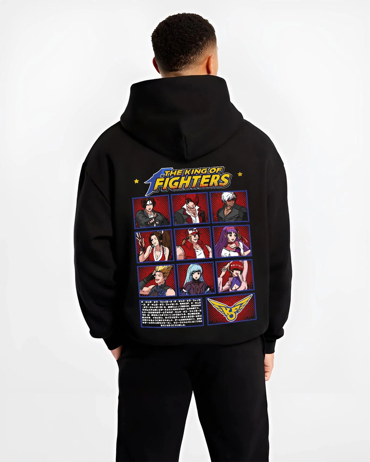 Black hoodie worn by male model from the back featuring King of Fighters character roster artwork.