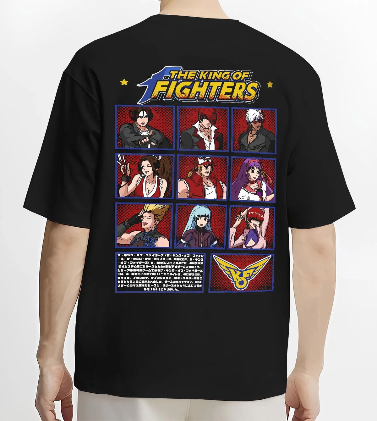 Black T-shirt worn by male model from the back featuring King of Fighters character roster artwork.