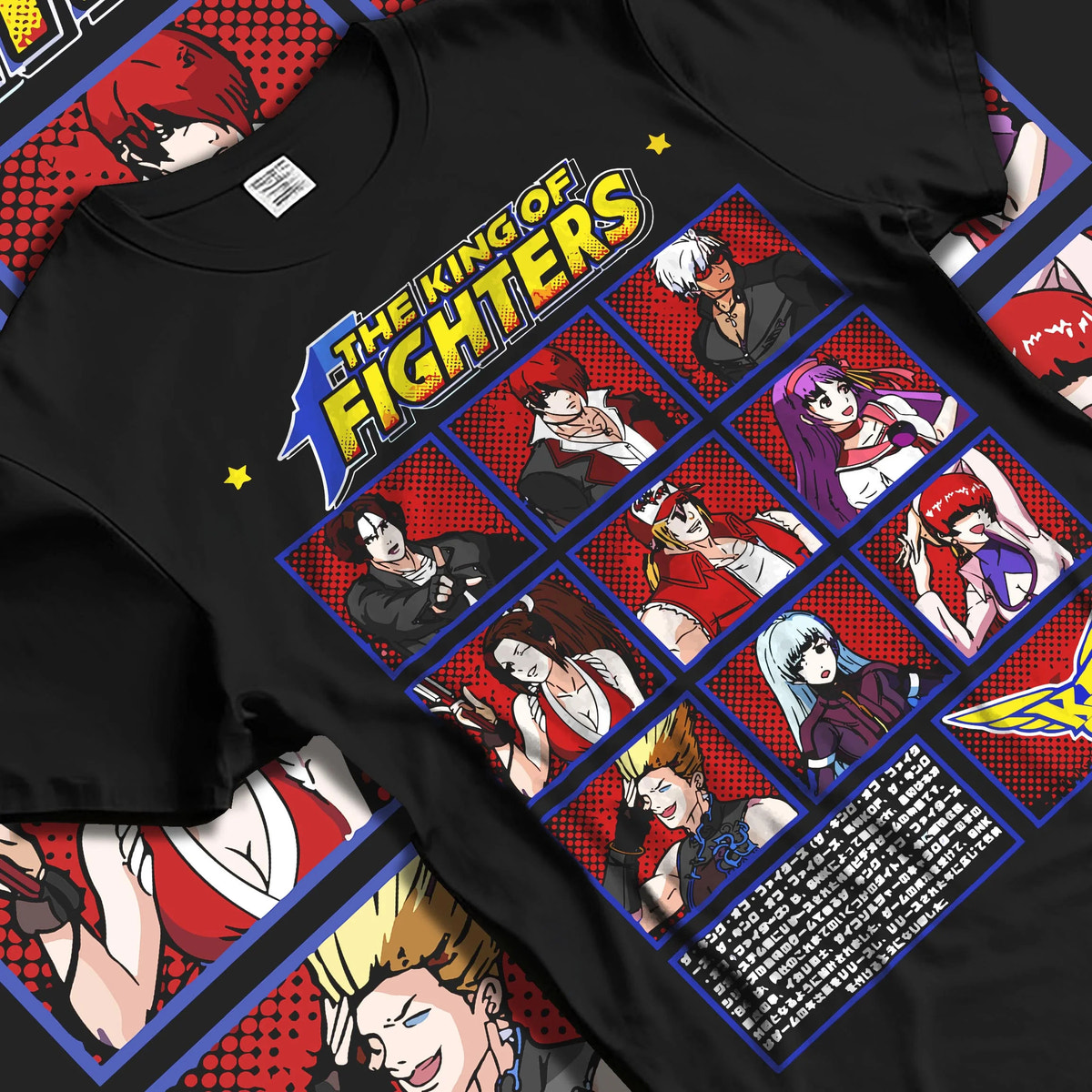 Black T-shirt laid flat with natural folds featuring King of Fighters character roster artwork.