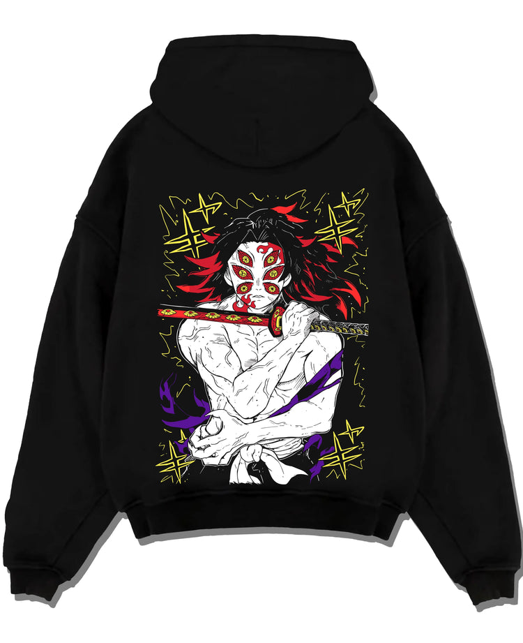 Black pullover hoodie laid flat with Kimetsu no Yaiba Hoodie Upper Moon Douma Eye Mask graphic bold anime graphic.