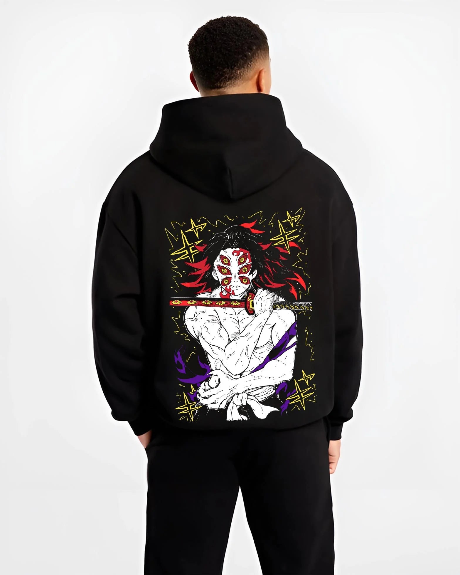 Black hoodie worn by male model, back view with Kimetsu no Yaiba Hoodie Upper Moon Douma Eye Mask graphic bold anime graphic.