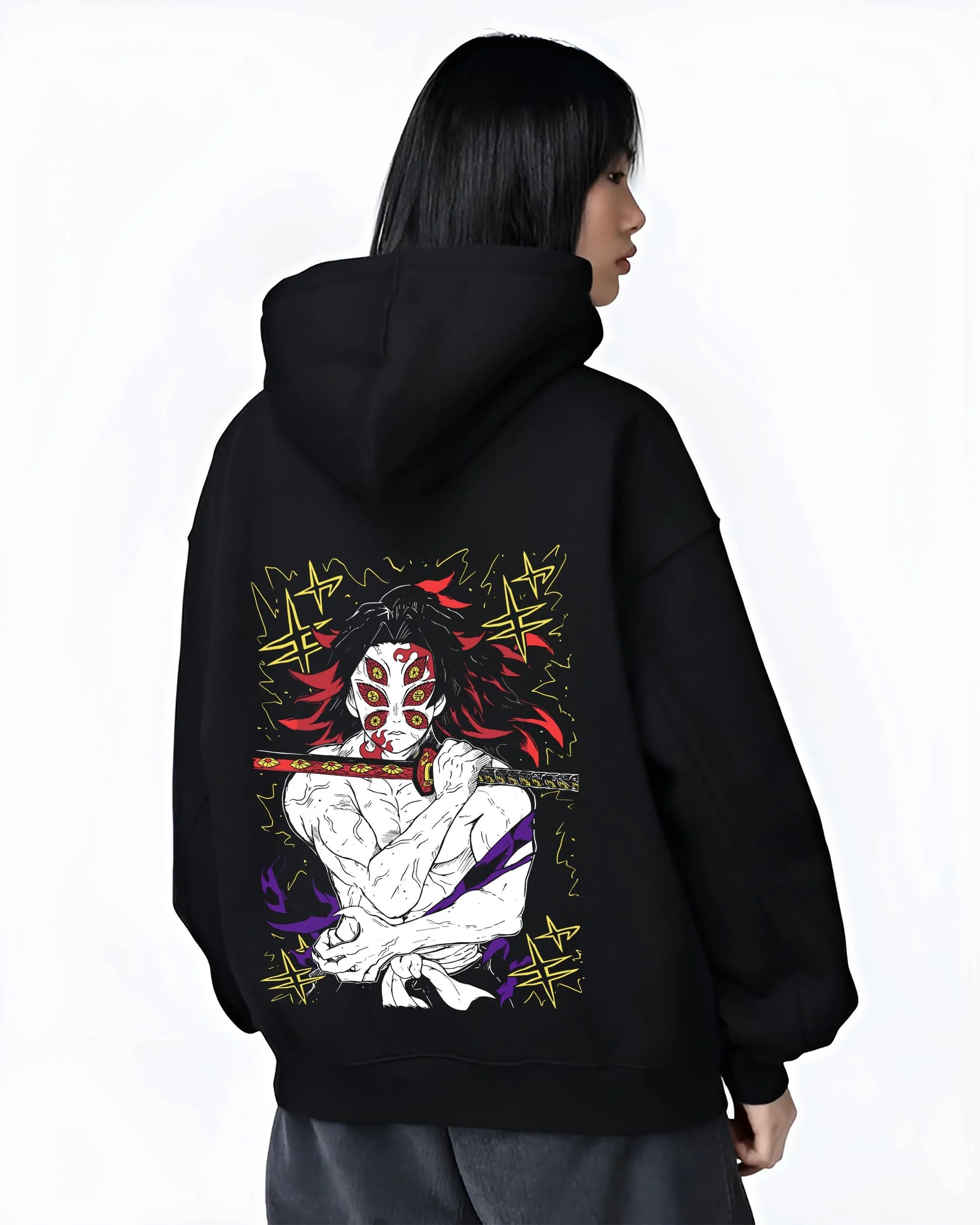 Black hoodie worn by female model, back view with Kimetsu no Yaiba Hoodie Upper Moon Douma Eye Mask graphic premium wear.