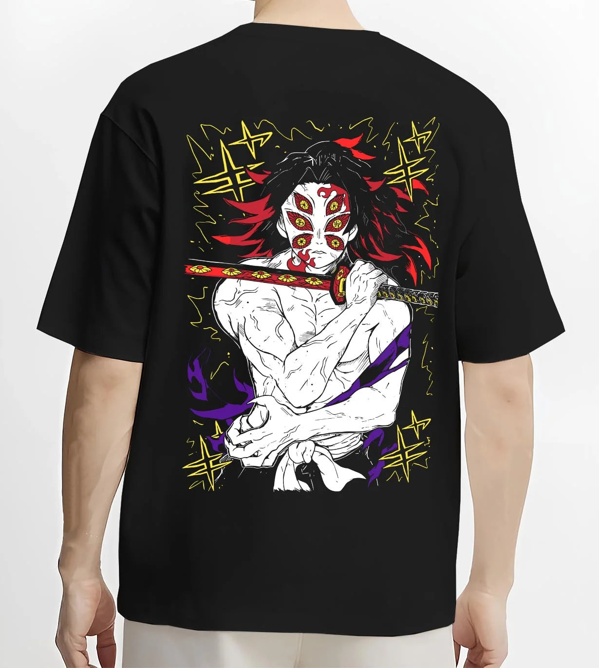 Black T-shirt worn by male model, back view with Kimetsu no Yaiba Hoodie Upper Moon Douma Eye Mask graphic premium wear.
