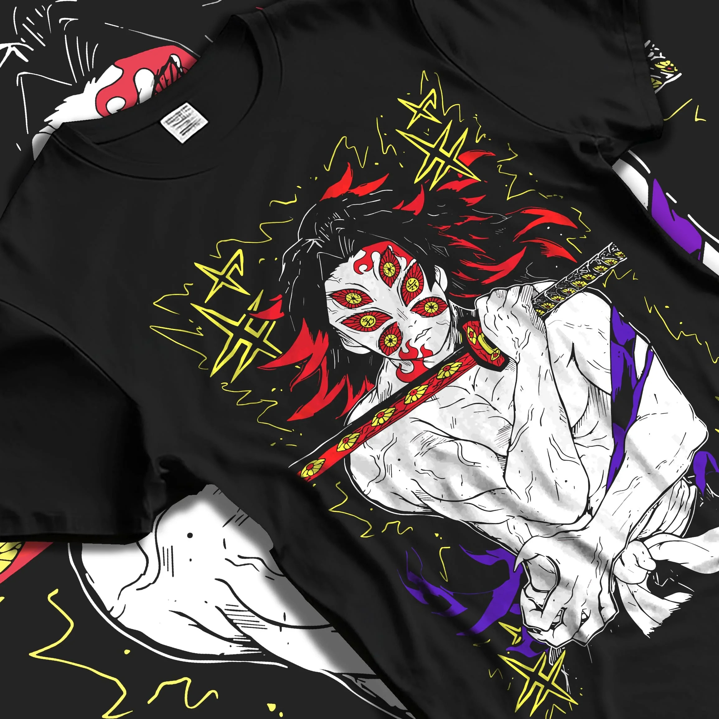 Black T-shirt laid flat with natural folds with Kimetsu no Yaiba Hoodie Upper Moon Douma Eye Mask graphic premium wear.