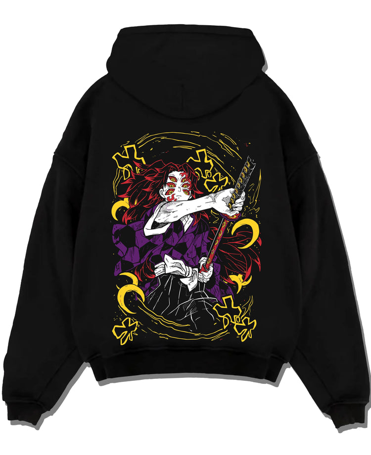 Black pullover hoodie laid flat with Kimetsu no Yaiba Hoodie Upper Moon Kokushibo Crescent graphic premium wear.
