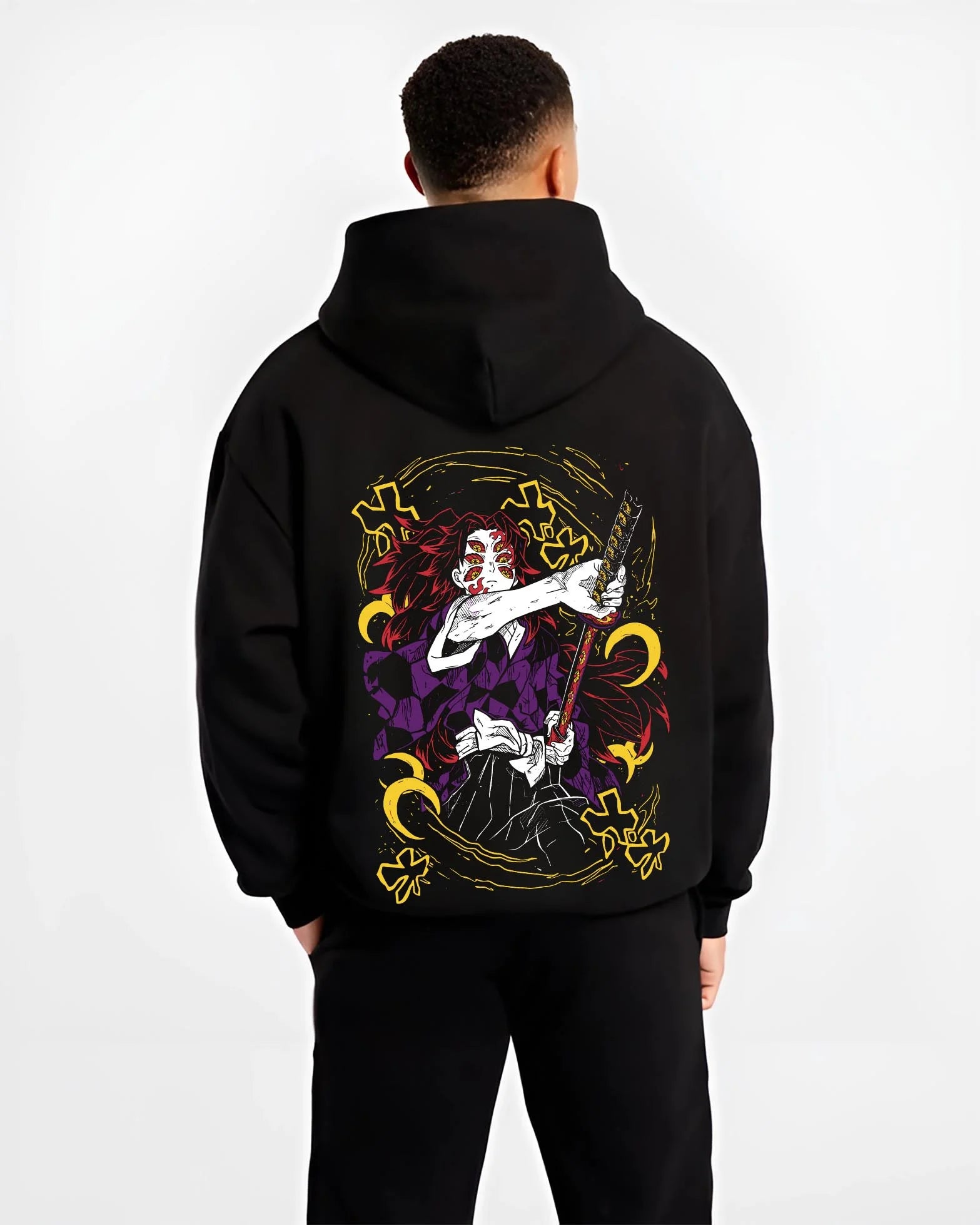 Black hoodie worn by male model, back view with Kimetsu no Yaiba Hoodie Upper Moon Kokushibo Crescent graphic premium wear.
