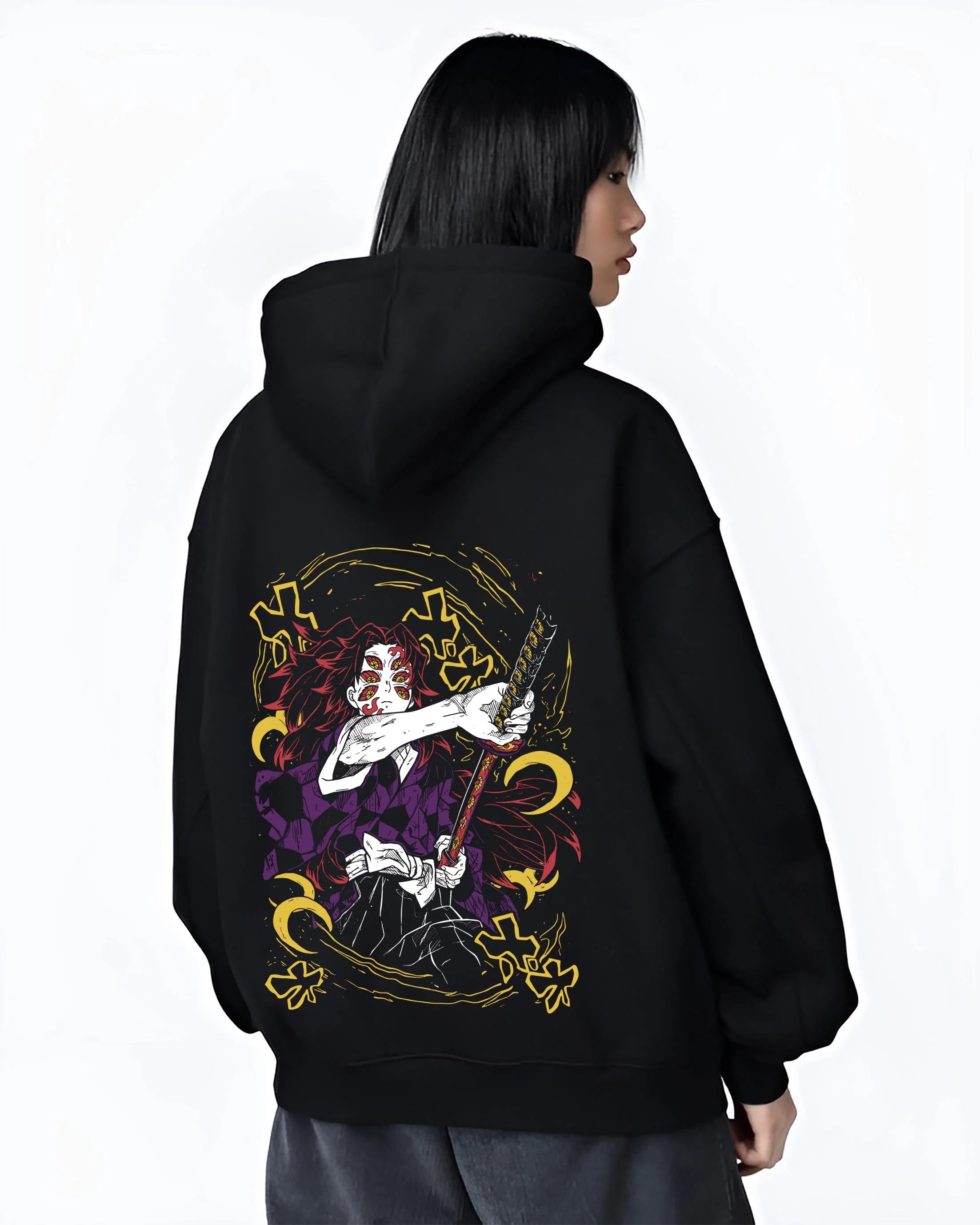 Black hoodie worn by female model, back view with Kimetsu no Yaiba Hoodie Upper Moon Kokushibo Crescent graphic streetwear graphic.