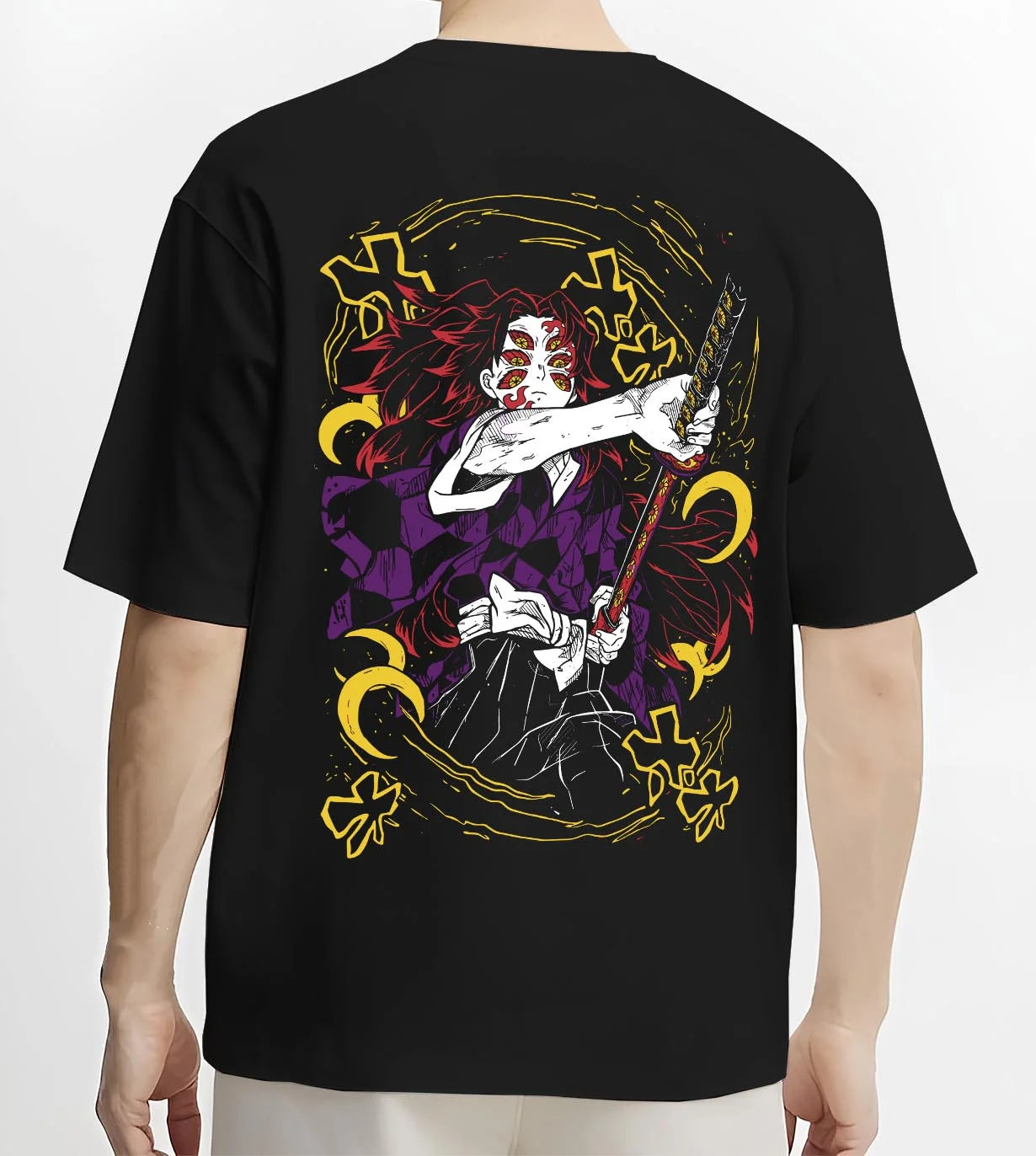Black T-shirt worn by male model, back view with Kimetsu no Yaiba Hoodie Upper Moon Kokushibo Crescent graphic premium wear.